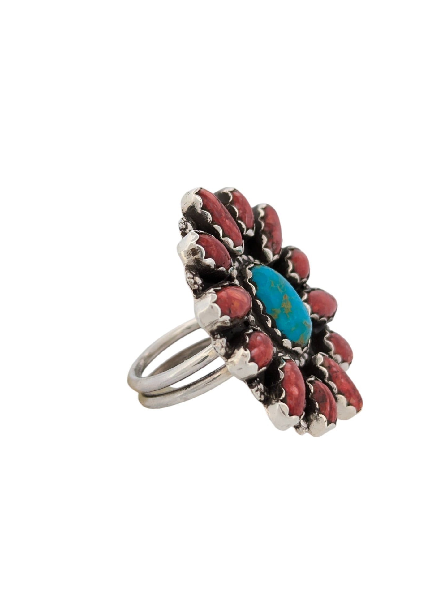 Panther Crossing | Navajo Sterling Silver Turquoise Ring with Red Spiny Oyster Shell