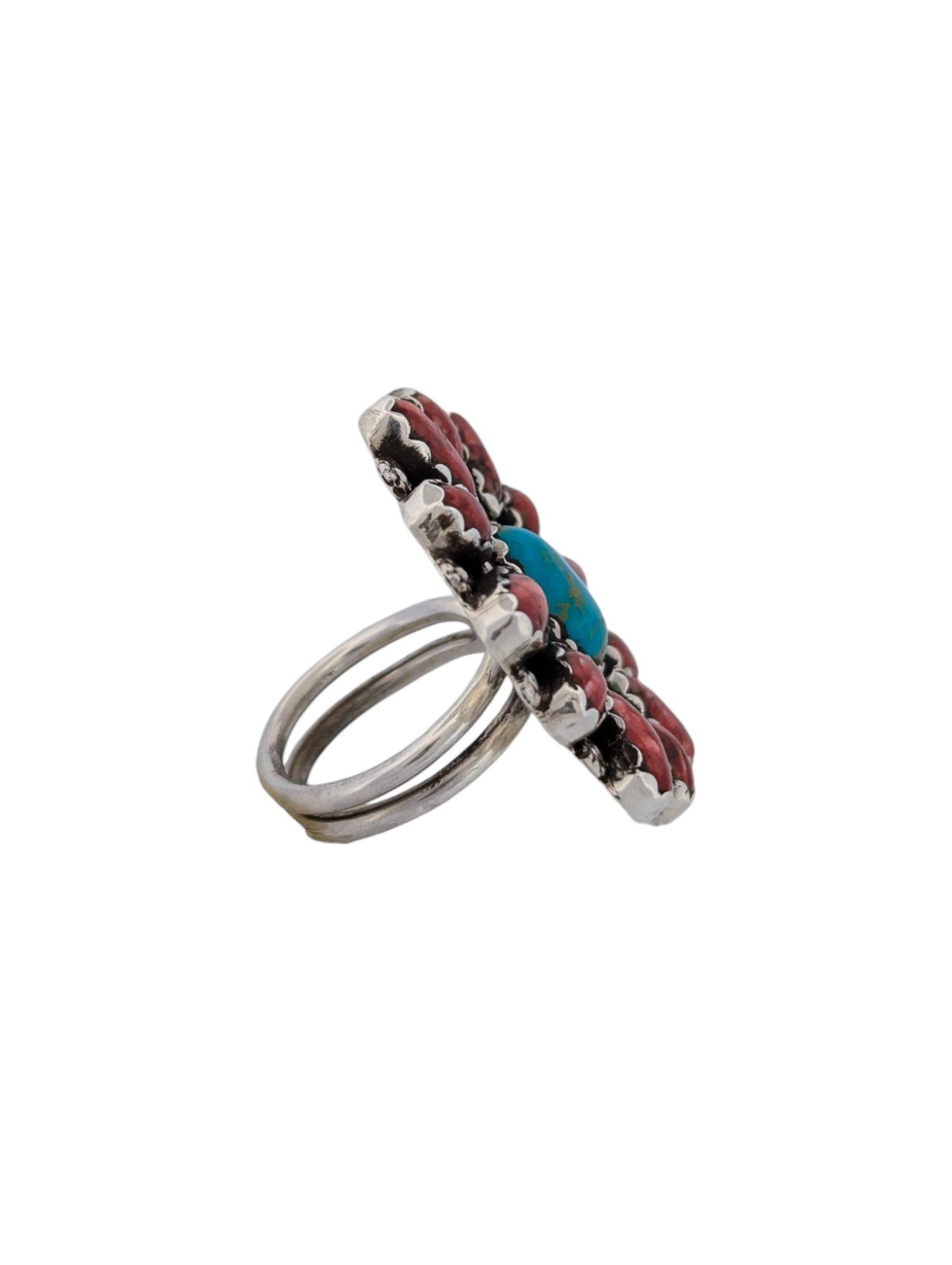 Panther Crossing | Navajo Sterling Silver Turquoise Ring with Red Spiny Oyster Shell