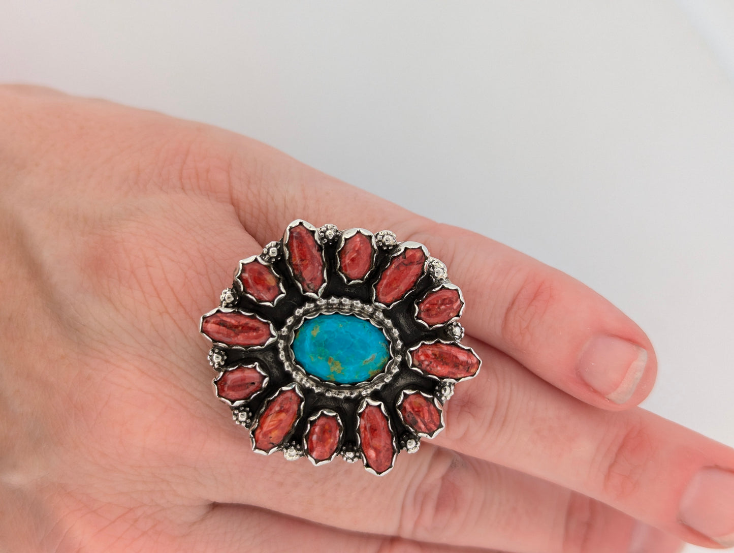 Panther Crossing | Navajo Sterling Silver Turquoise Ring with Red Spiny Oyster Shell