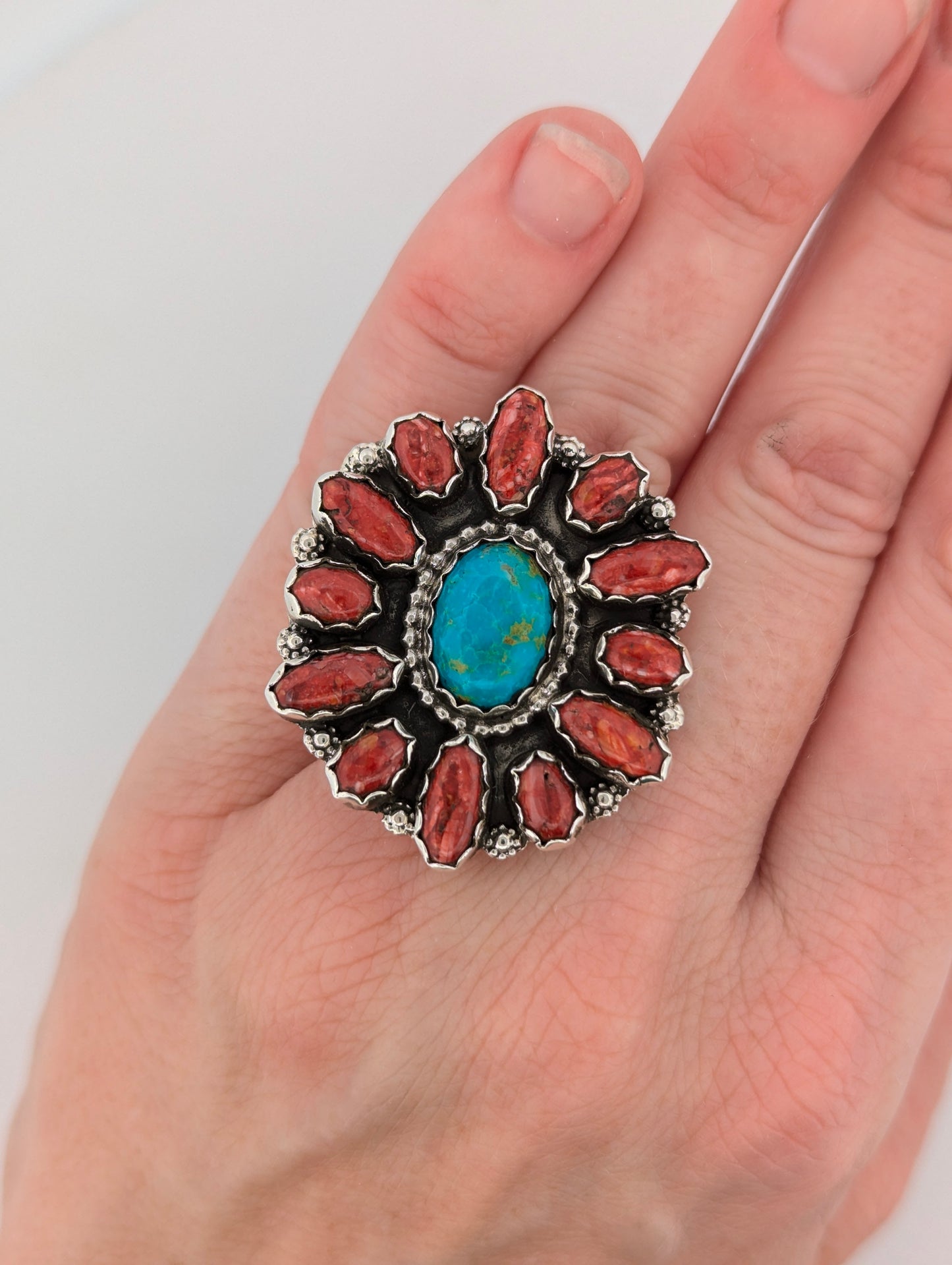 Panther Crossing | Navajo Sterling Silver Turquoise Ring with Red Spiny Oyster Shell