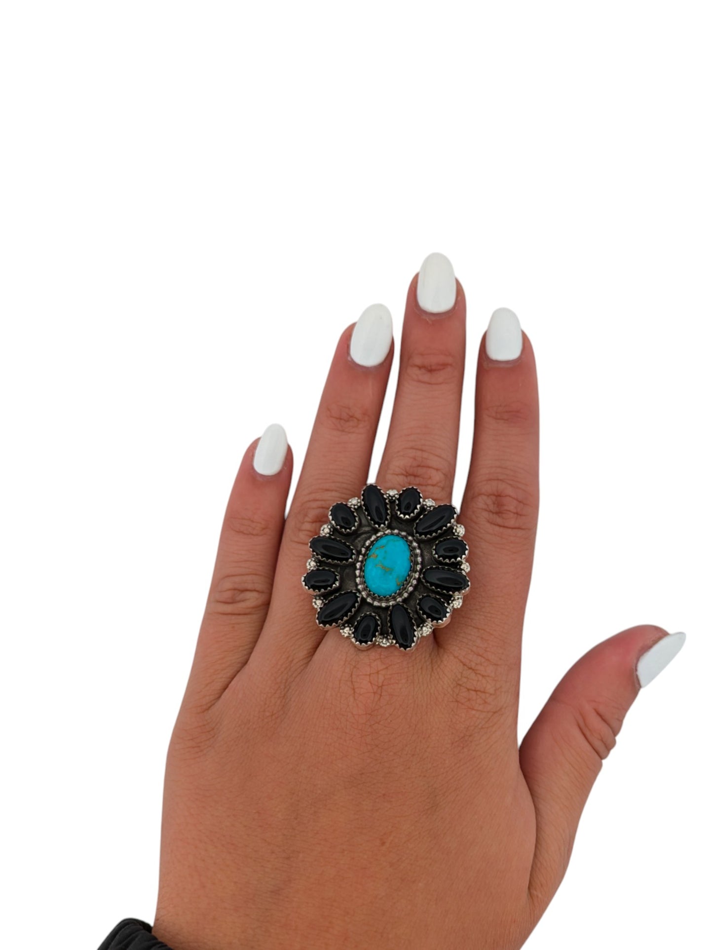 Bee Cave | Handcrafted Native American Sterling Silver Ring with Turquoise and Onyx