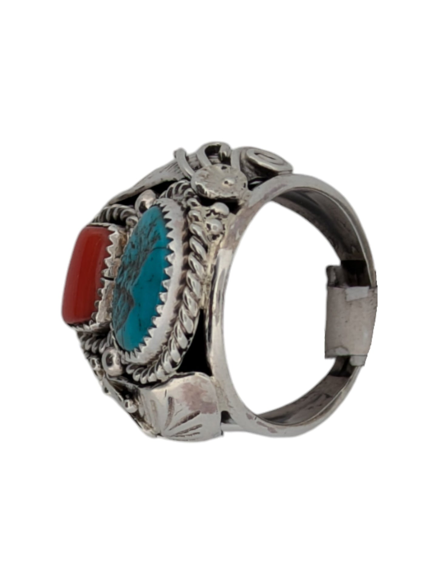 Cibolo Ridge | New Sterling Silver Handmade Turquoise And Coral Ring With Leaves And Flowers Accents