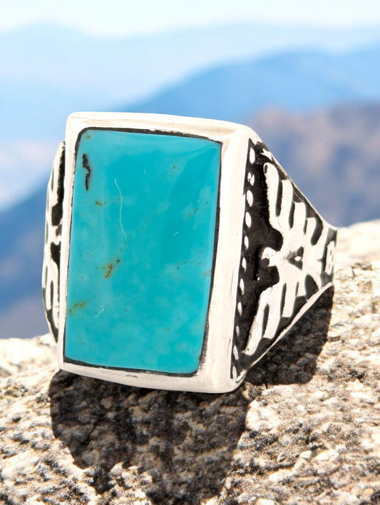 Flagstaff | Sterling Silver Turquoise Ring with Single Stone Inlay – Thunderbird Design (Size 10.5)