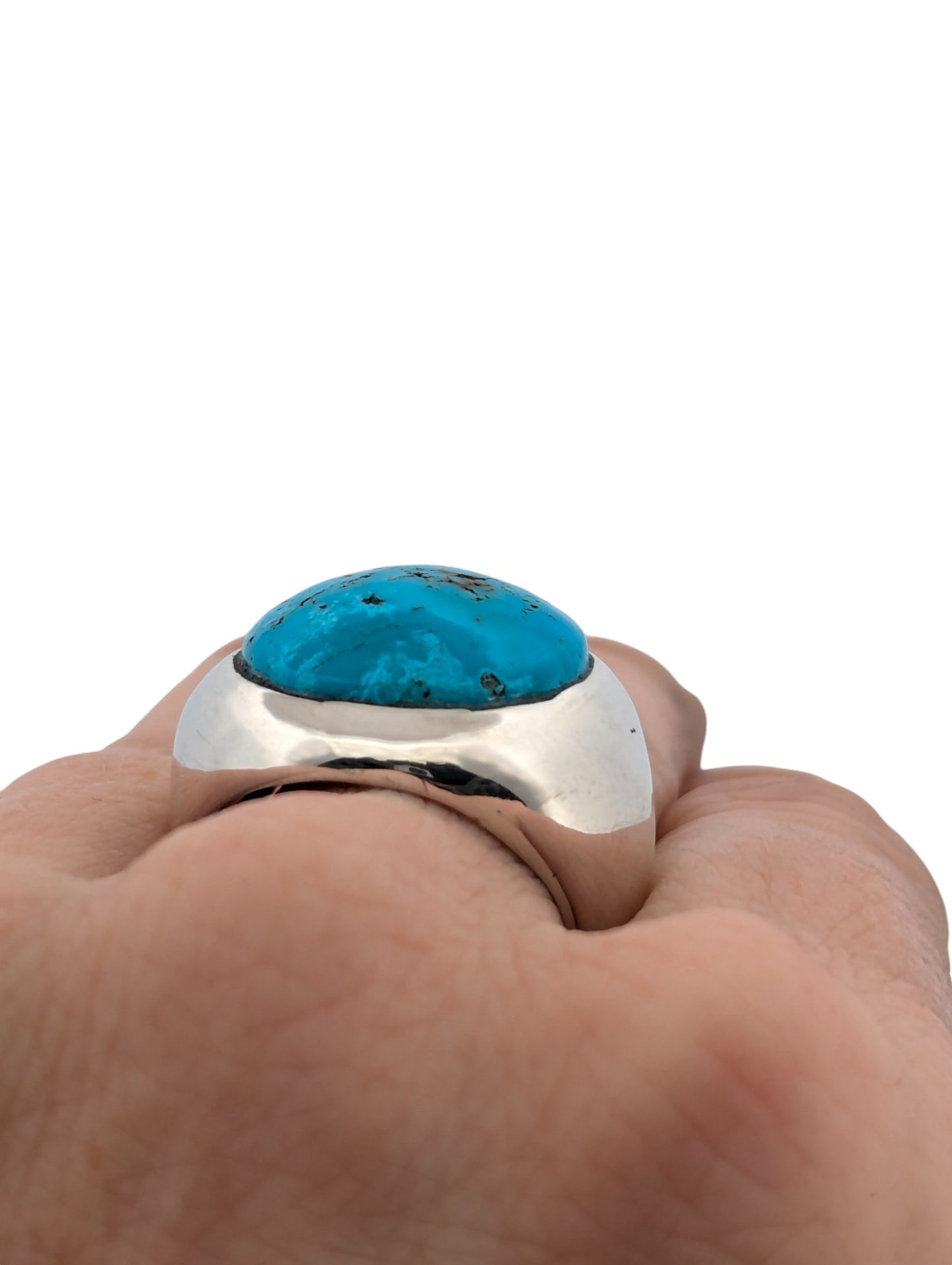 Red Mesa | Sterling Silver Turquoise Ring with a Single Round Kingman Turquoise Cabochon and Waterwebbing