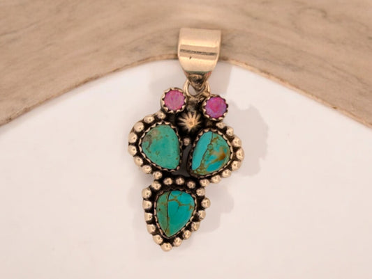 Grizzly Creek | New sterling silver cactus pendant of turquoise and created pink opal