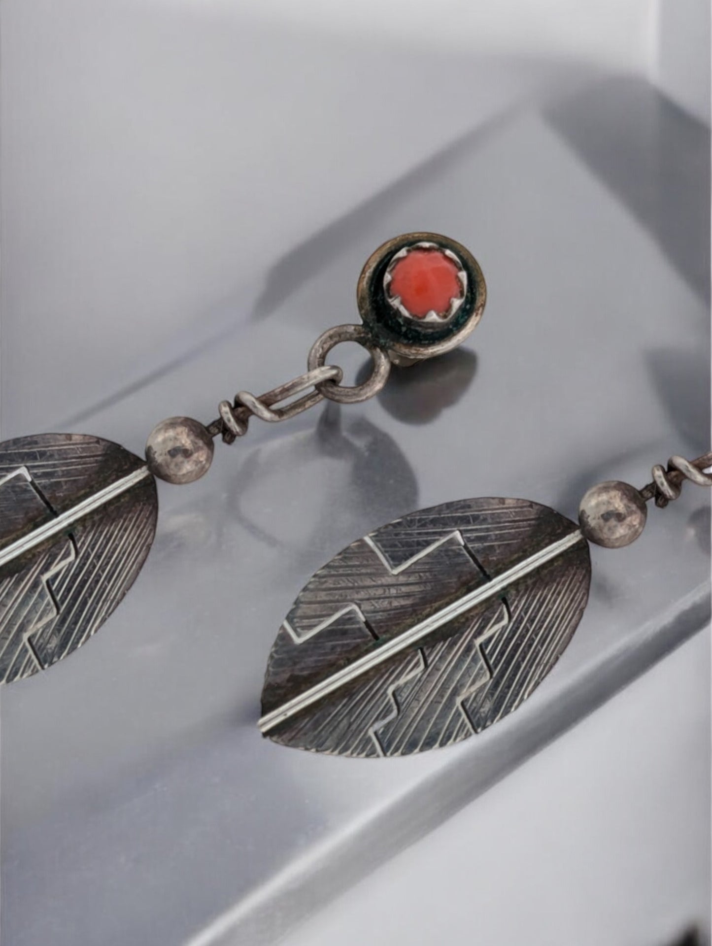 Riverboat Run | Vintage Handmade Earrings With Geometric Oval Accent And Coral Tops