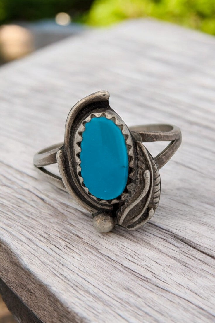 Lone Star | Vintage Handmade Sterling Silver Ring With Feather Accent And Blue Turquoise Stone. Ring Size 5.5