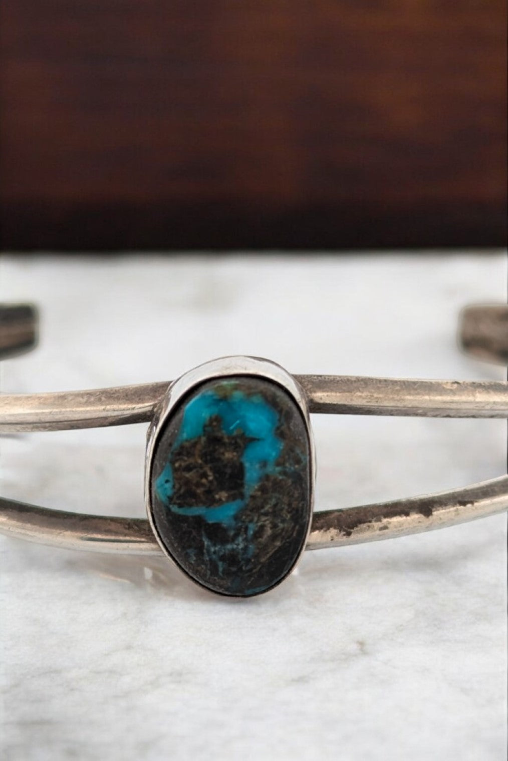 Comanche's Way | Vintage Sterling Silver Cuff Bracelet With Double Square Cut Arms And Center Turquoise