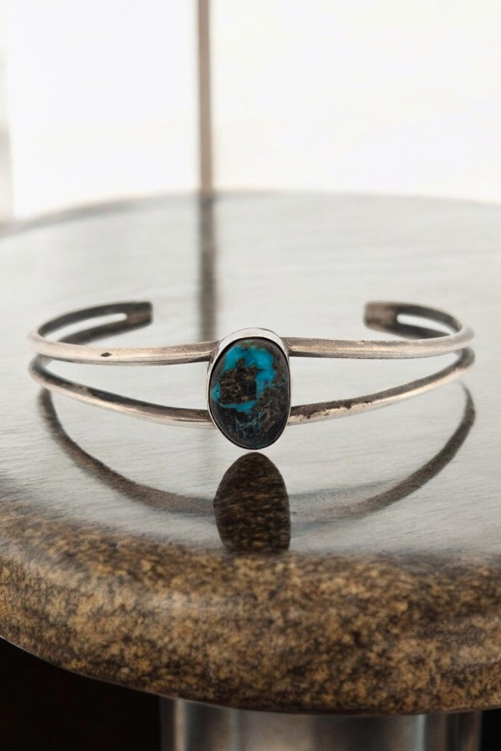 Comanche's Way | Vintage Sterling Silver Cuff Bracelet With Double Square Cut Arms And Center Turquoise