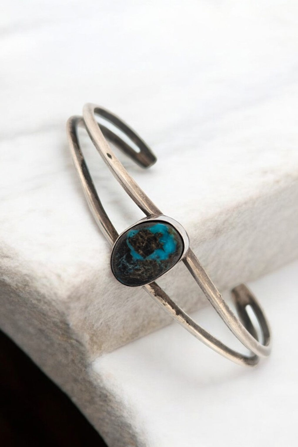 Comanche's Way | Vintage Sterling Silver Cuff Bracelet With Double Square Cut Arms And Center Turquoise