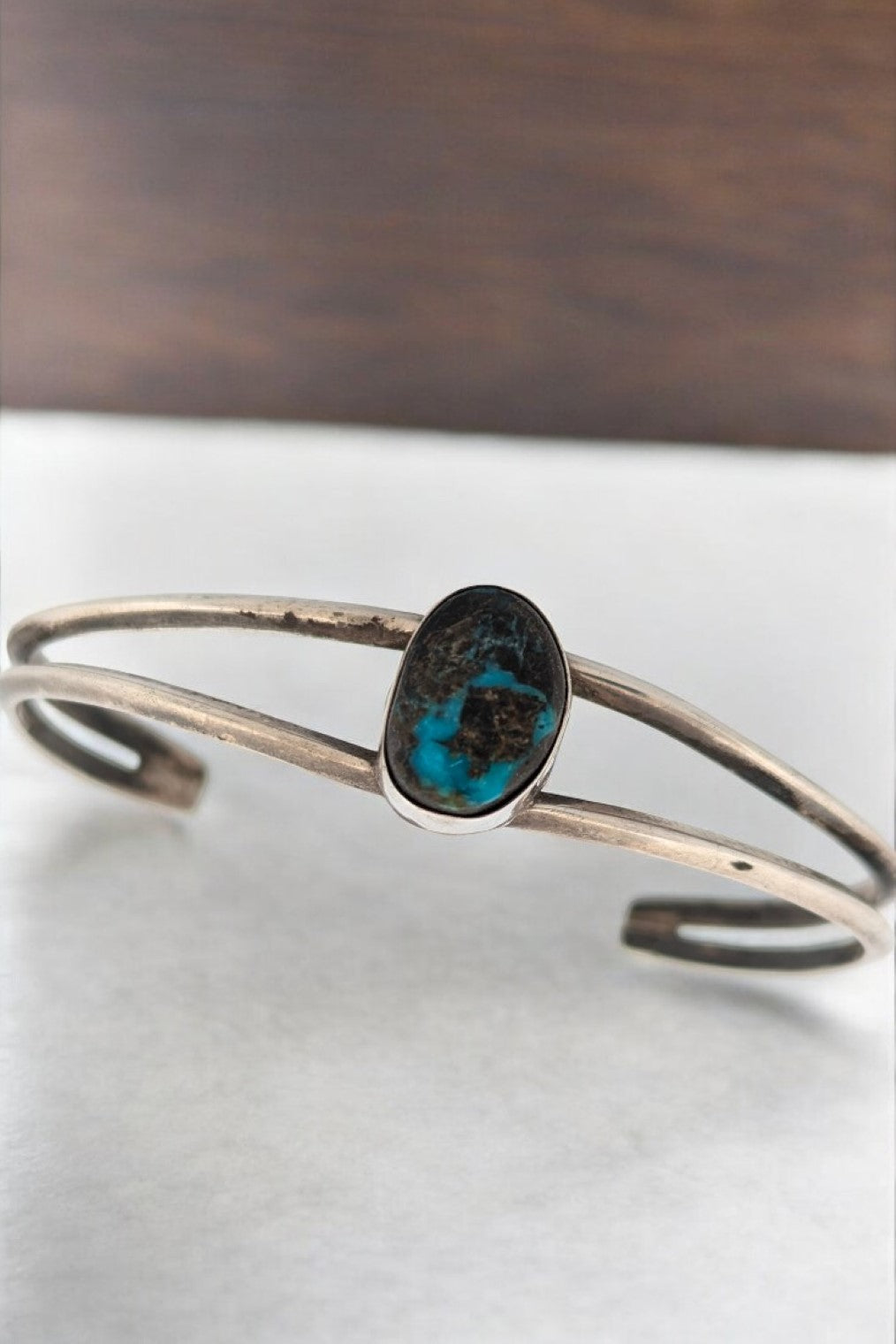 Comanche's Way | Vintage Sterling Silver Cuff Bracelet With Double Square Cut Arms And Center Turquoise