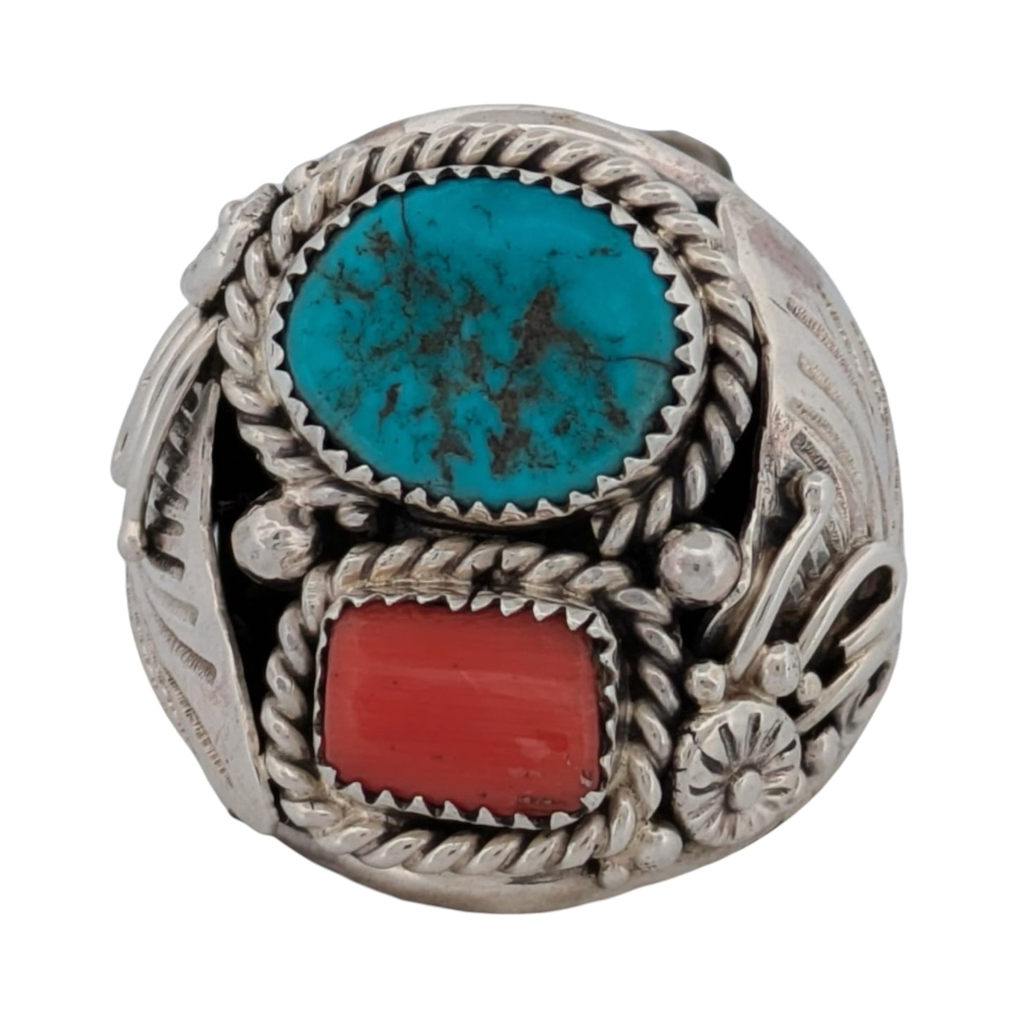 Cibolo Ridge | New Sterling Silver Handmade Turquoise And Coral Ring With Leaves And Flowers Accents