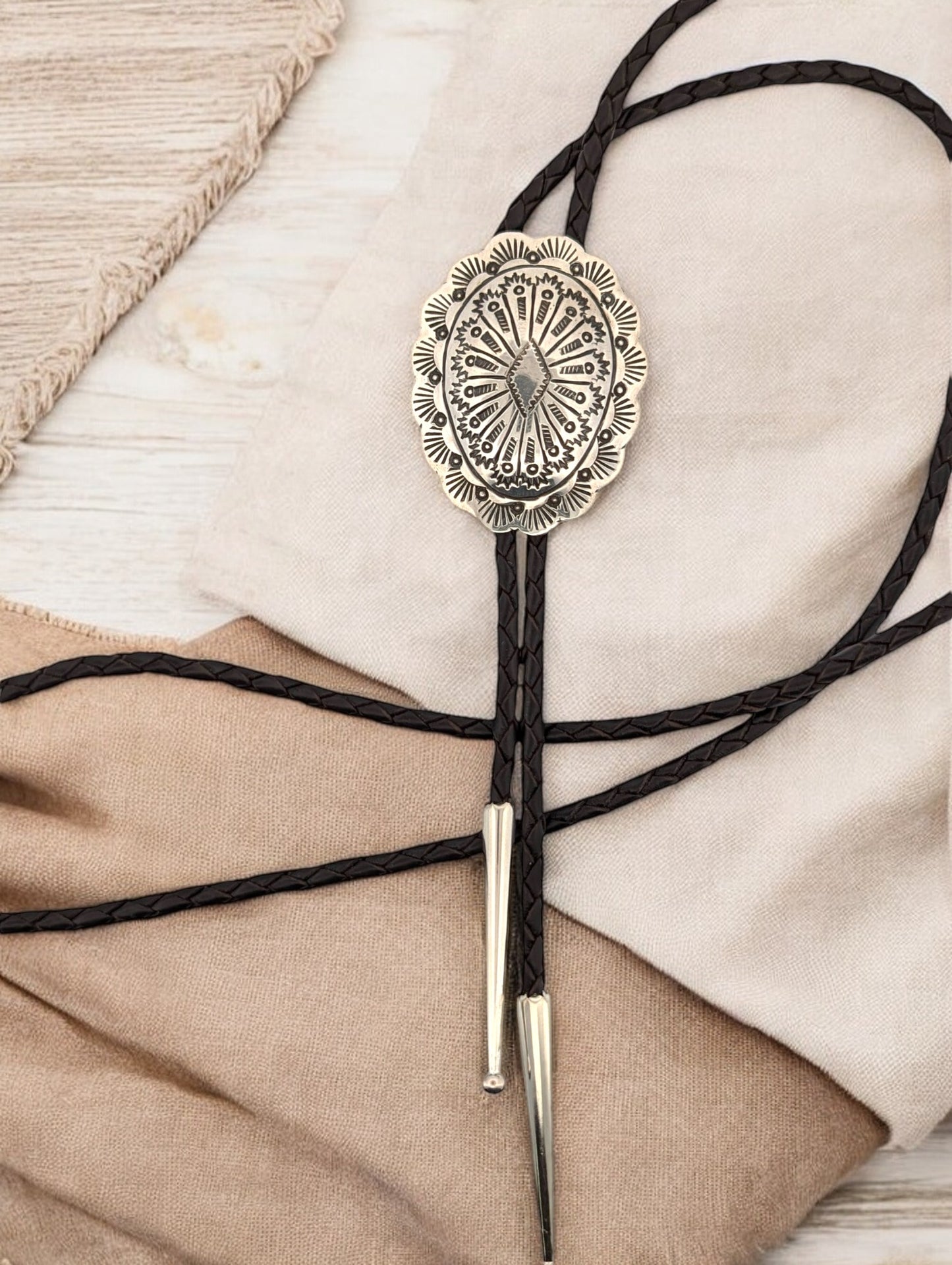 Smoky Joe | Vintage Sterling Silver Concho Bolo Tie with Scalloped Edges, a Domed Center, and Silver Tips