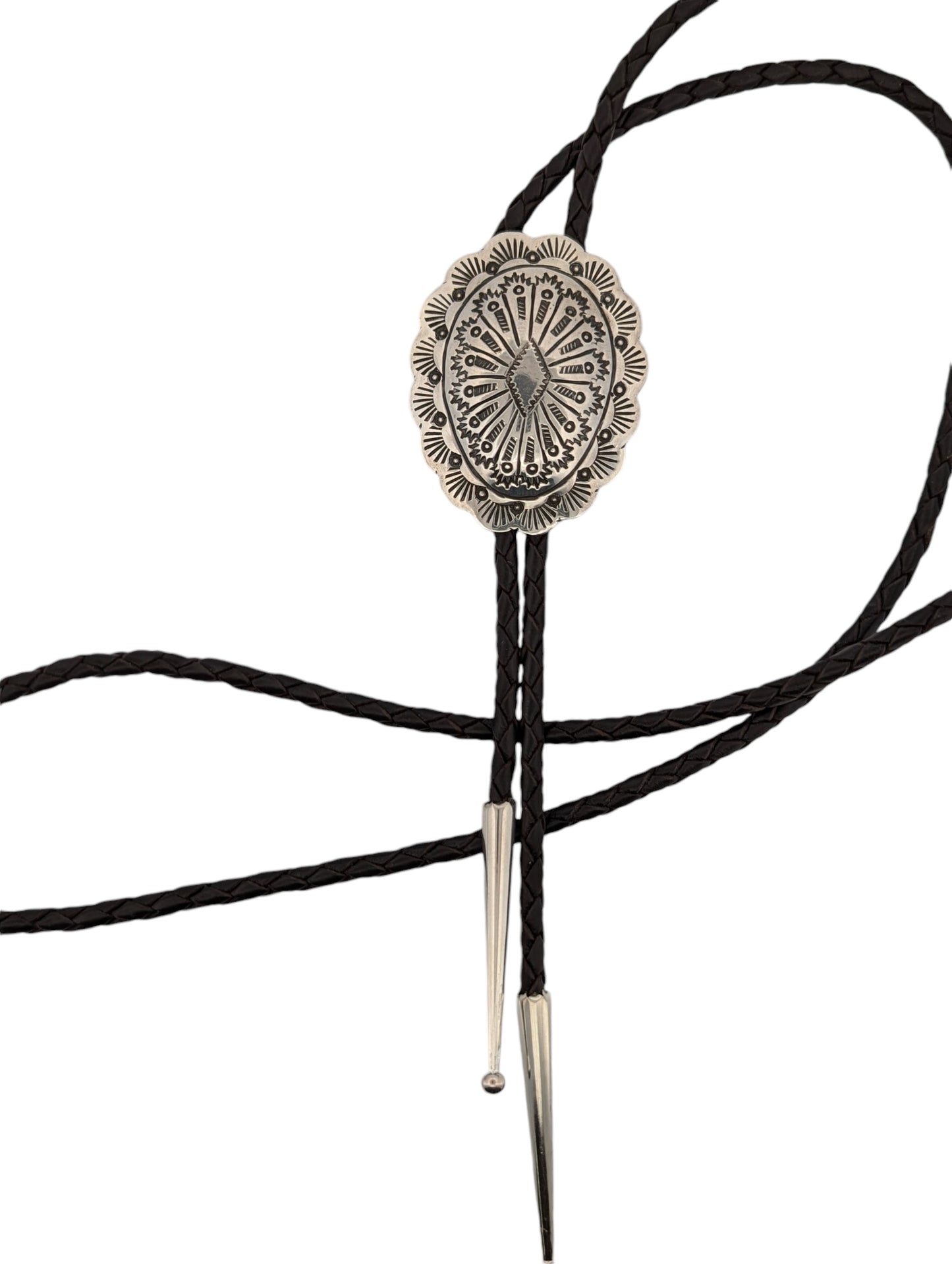 Smoky Joe | Vintage Sterling Silver Concho Bolo Tie with Scalloped Edges, a Domed Center, and Silver Tips