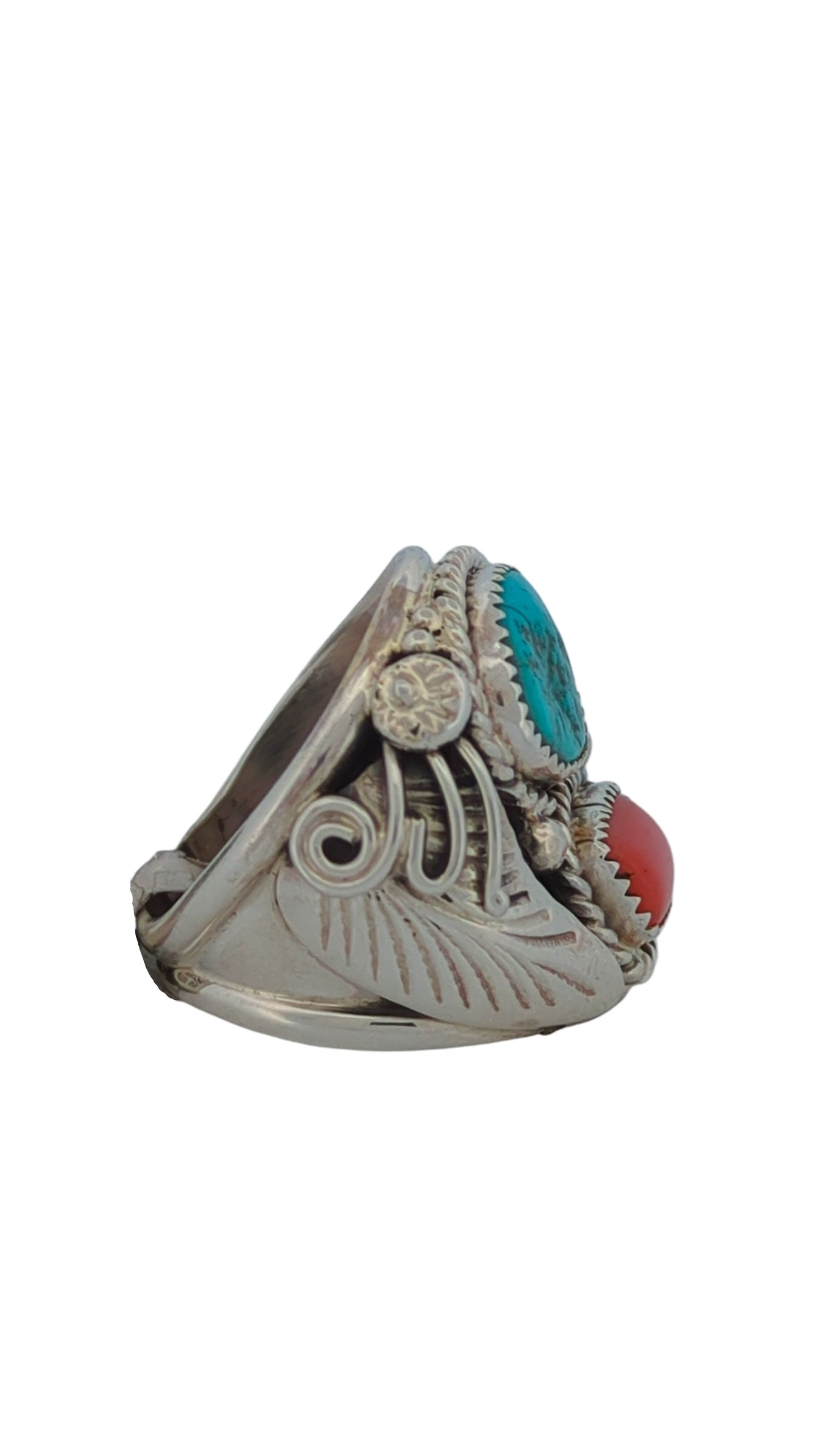 Cibolo Ridge | New Sterling Silver Handmade Turquoise And Coral Ring With Leaves And Flowers Accents