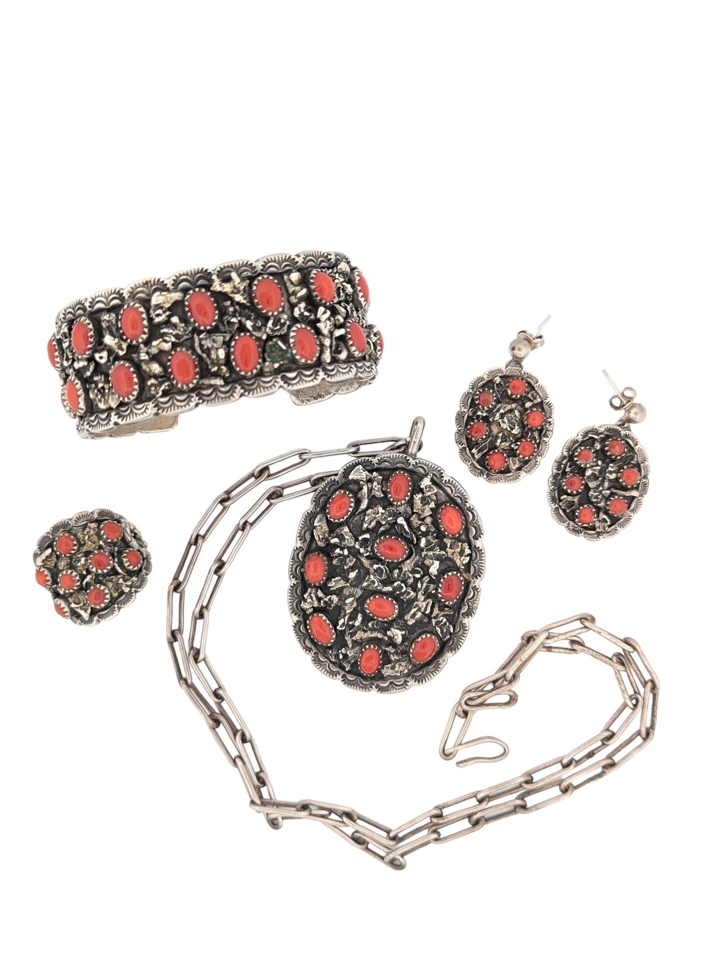 Golden Canyon | Vintage Handmade Sterling Silver and Pacific Coral Set - Necklace, Earrings, Ring, Cuff Bracelet by Nicholas and Theresa Leekela