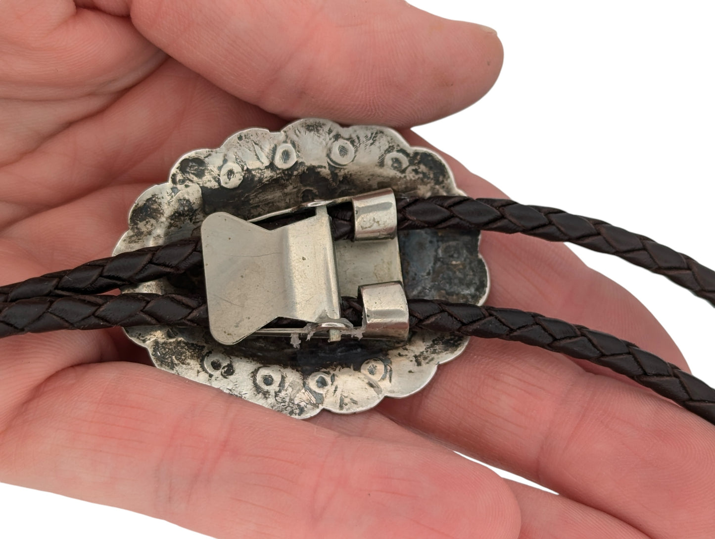 Smoky Joe | Vintage Sterling Silver Concho Bolo Tie with Scalloped Edges, a Domed Center, and Silver Tips