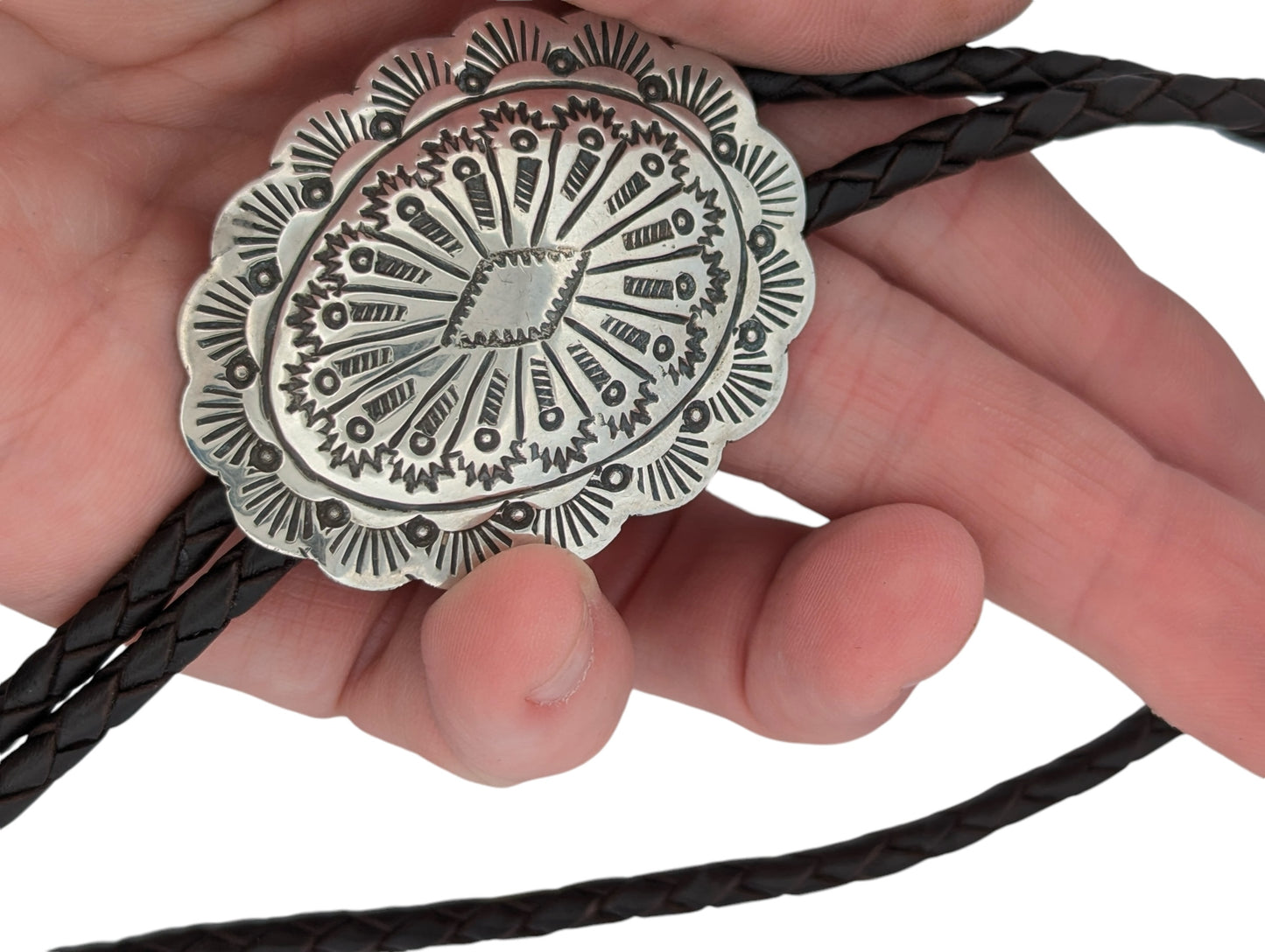 Smoky Joe | Vintage Sterling Silver Concho Bolo Tie with Scalloped Edges, a Domed Center, and Silver Tips