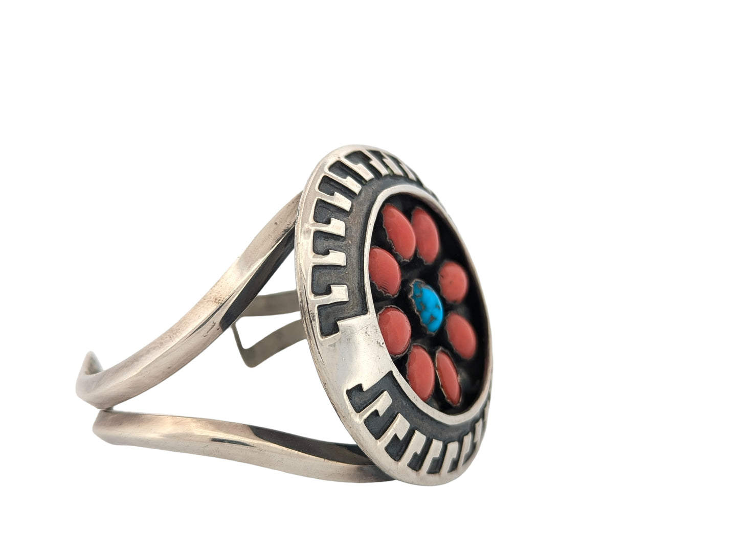 Dust Devil | Vintage Sterling Silver Coral and Turquoise Cuff Bracelet by Navajo Artist Rosco Scott