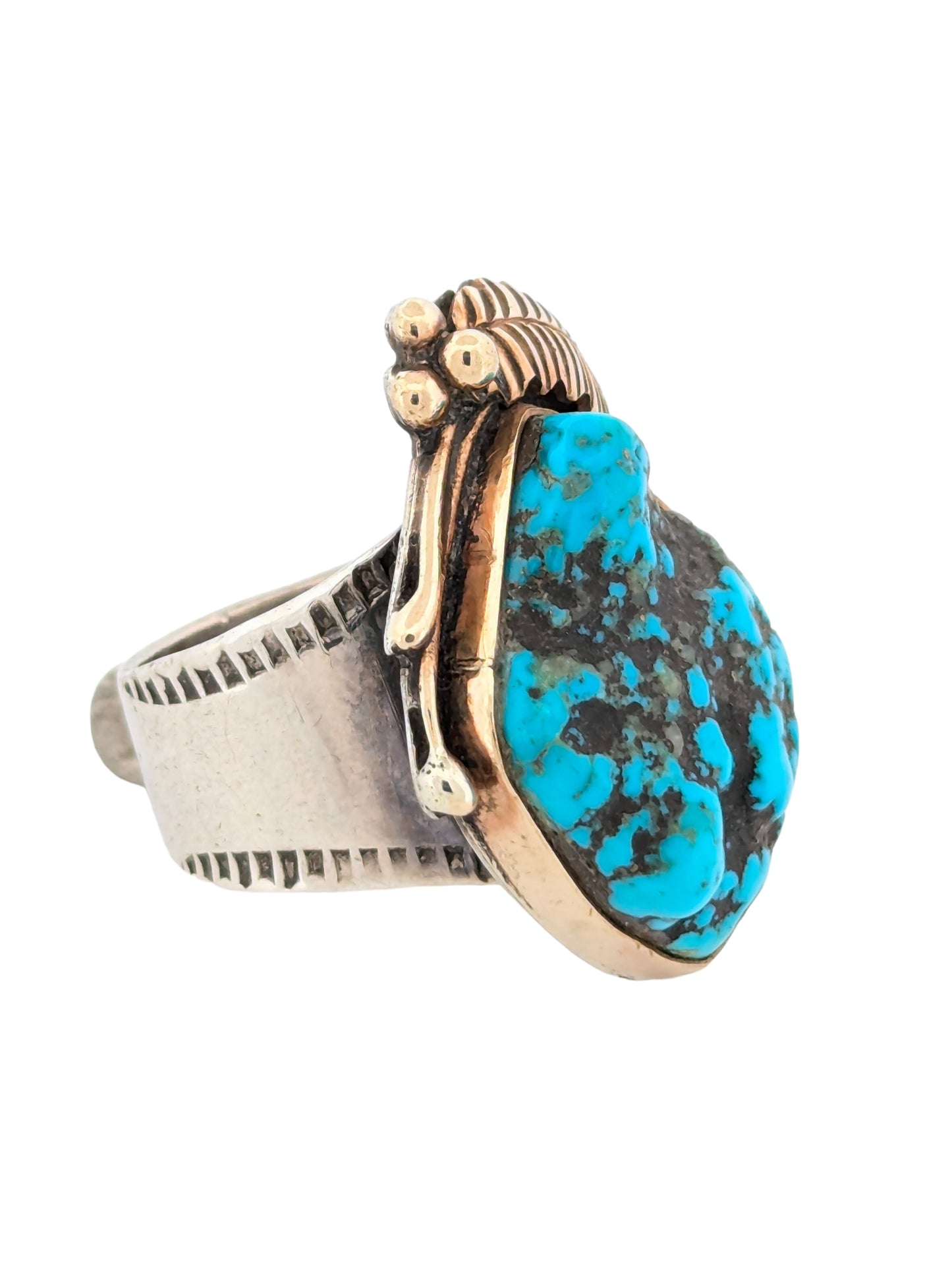 Bandit's Bend | Vintage Handmade 18k Plated Sterling Silver and Turquoise Stamped Ring - Size 10