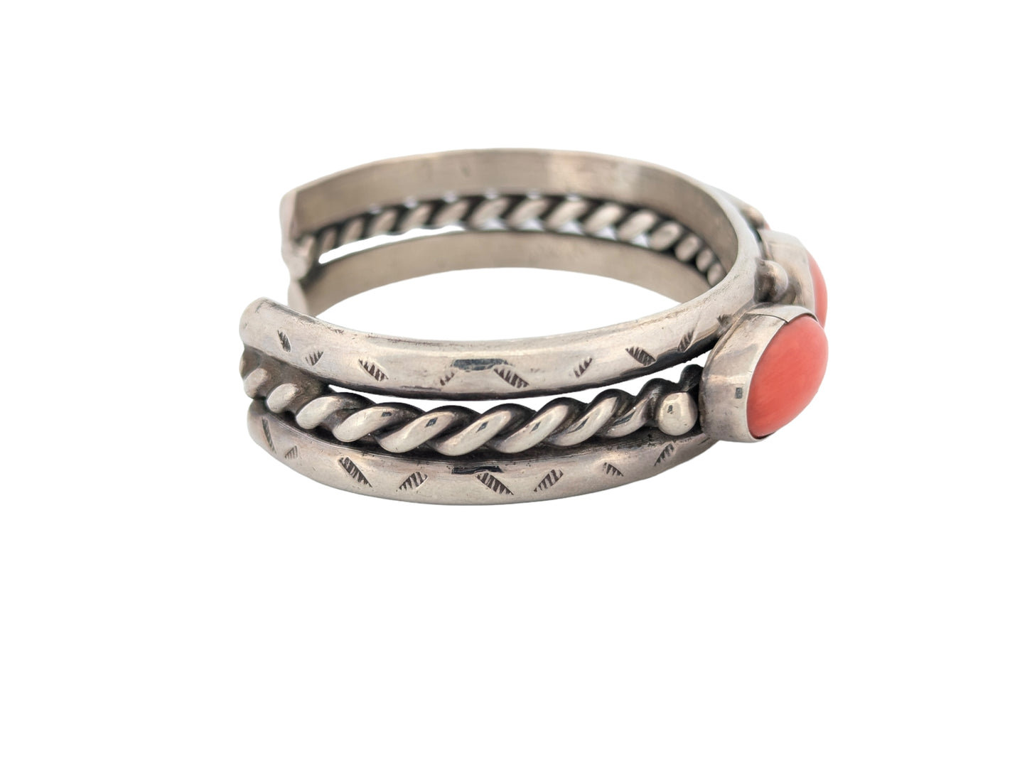 Cowboy's Crossing | Vintage Navajo Sterling Silver Three Stone Deep-Red Coral Cuff Bracelet