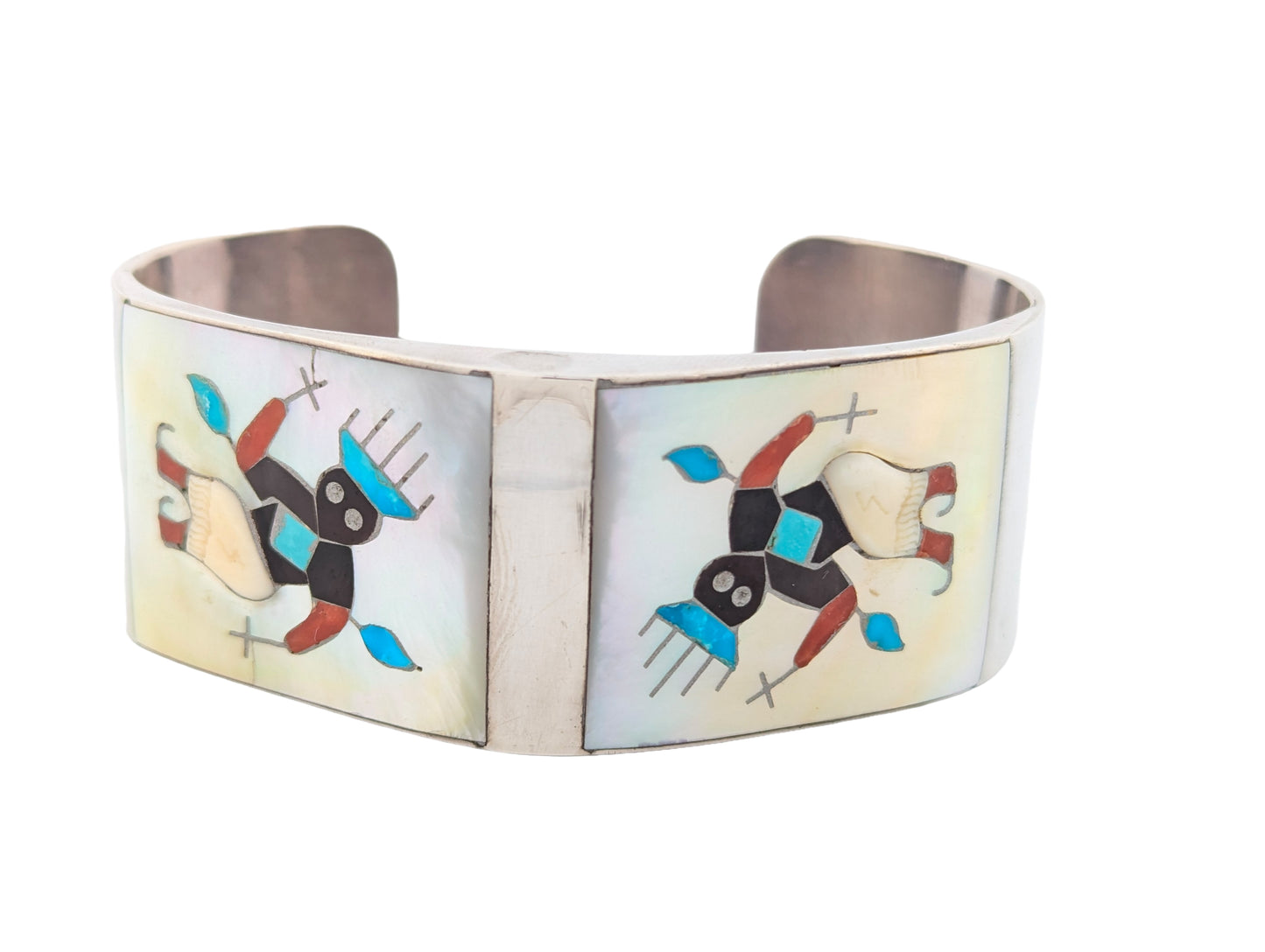 Lawman's Landing | Vintage Zuni Inlay Signed Cuff Bracelet Featuring Apache Crown Dancer by Toni Ohmsatte