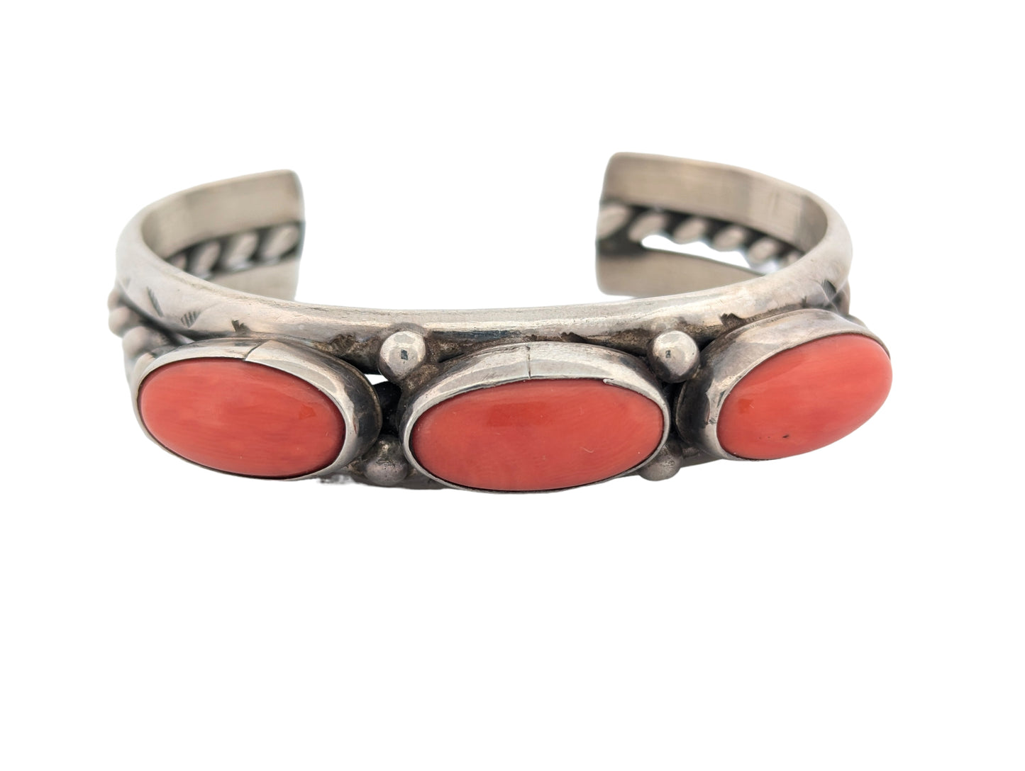 Cowboy's Crossing | Vintage Navajo Sterling Silver Three Stone Deep-Red Coral Cuff Bracelet