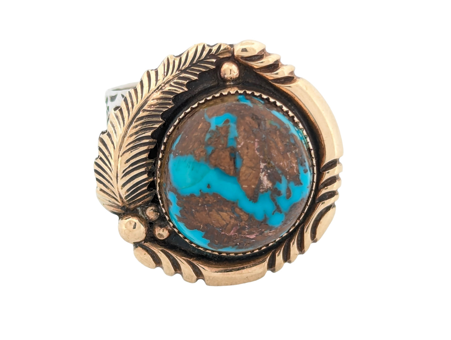 Rustler's Rest | Vintage Navajo Handmade Sterling Silver and 18k Plated Sterling Silver Turquoise Stamped Ring - Size 10