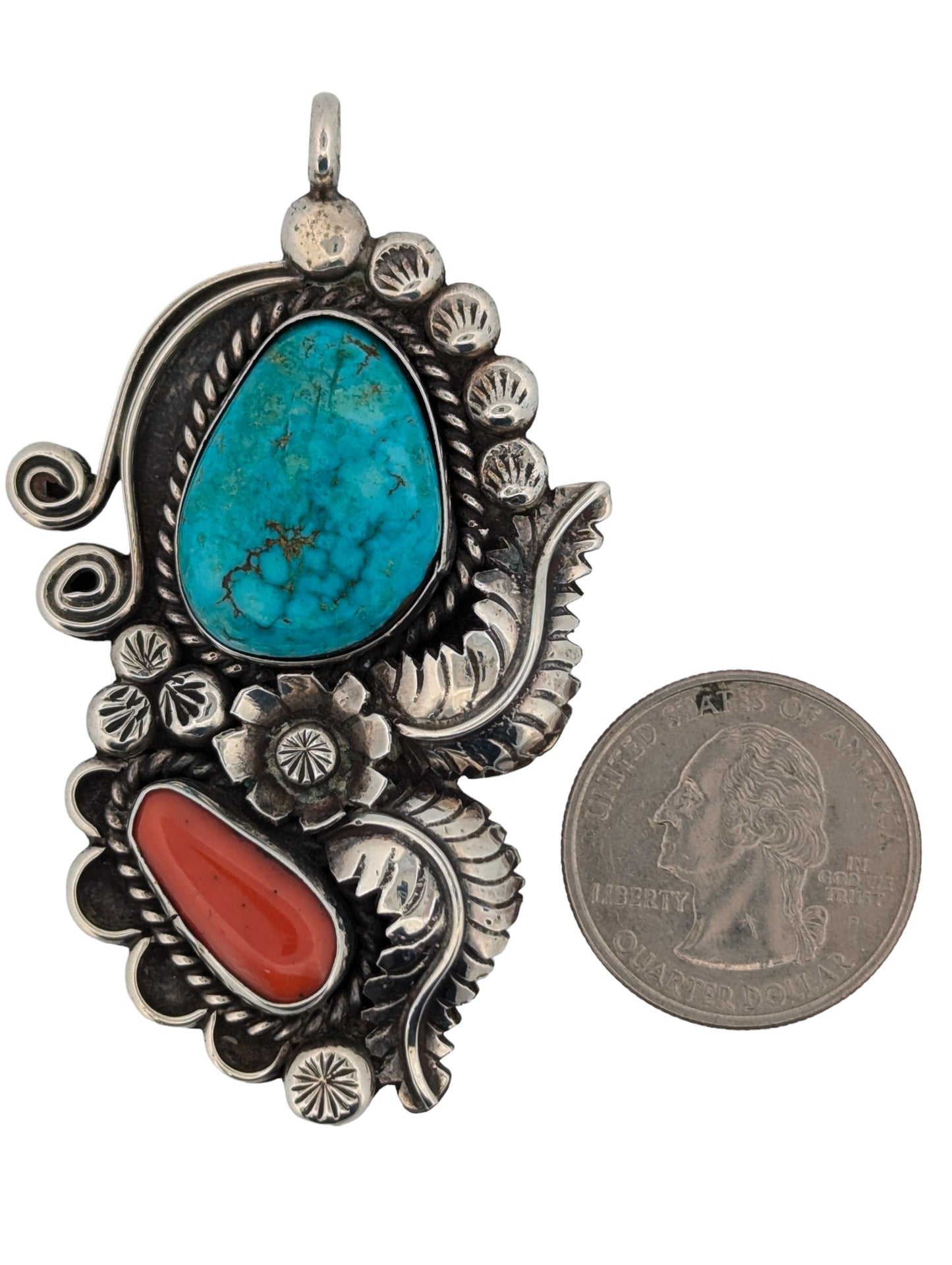 Outlaw Oasis | Vintage Handmade Sterling Silver Turquoise and Coral Pendant by Navajo Artist Eddie Nelson