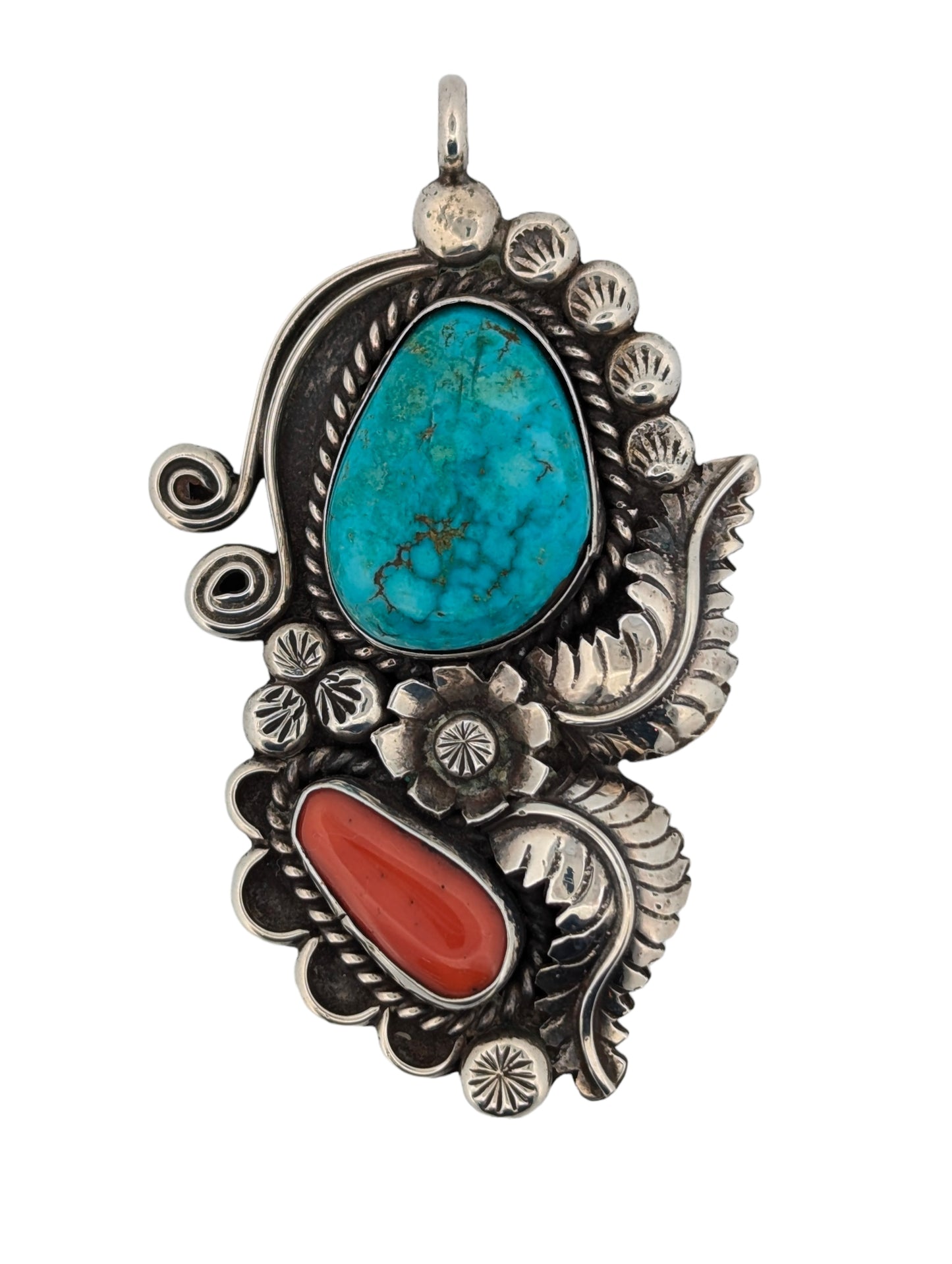 Outlaw Oasis | Vintage Handmade Sterling Silver Turquoise and Coral Pendant by Navajo Artist Eddie Nelson