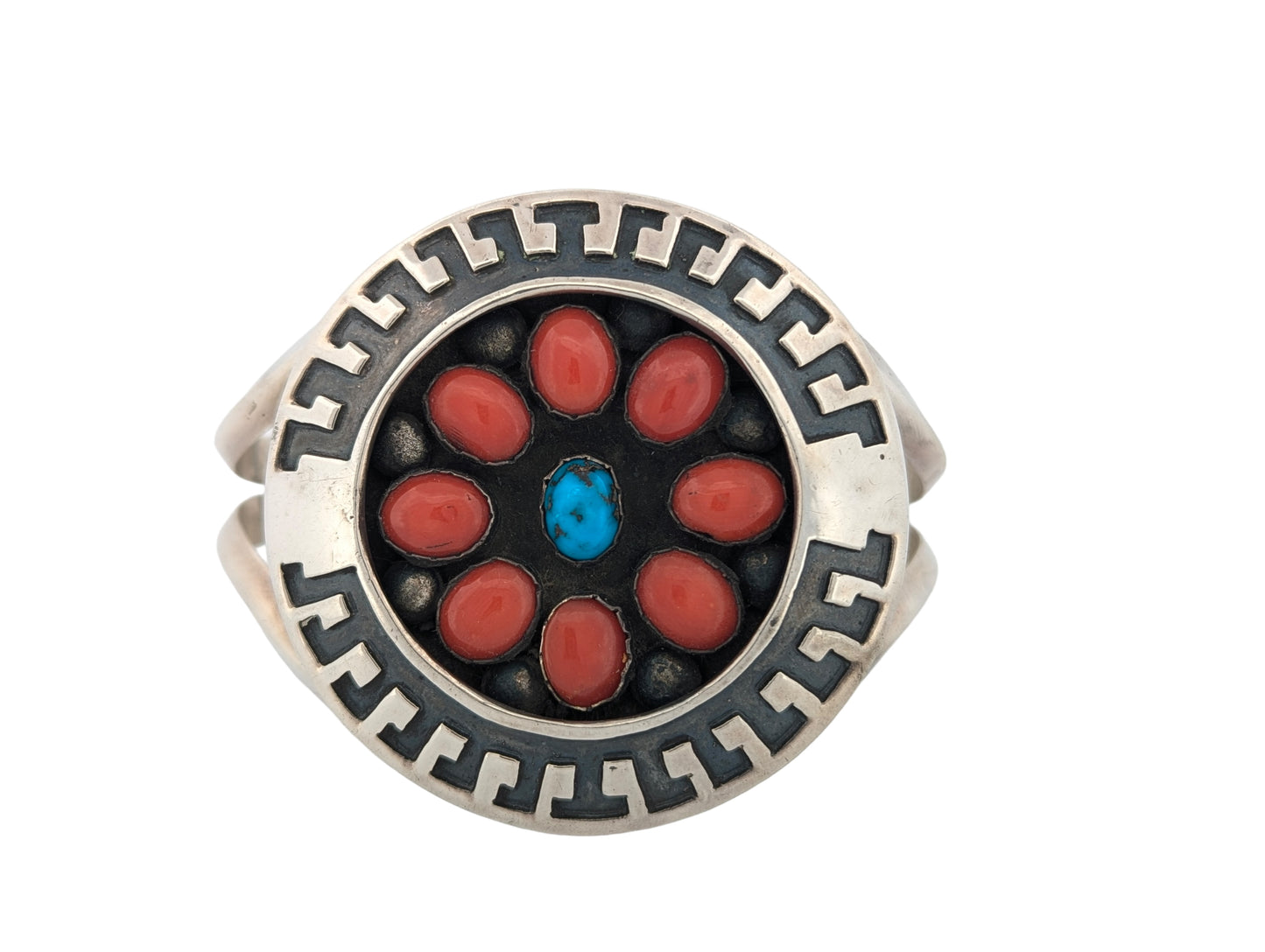 Dust Devil | Vintage Sterling Silver Coral and Turquoise Cuff Bracelet by Navajo Artist Rosco Scott