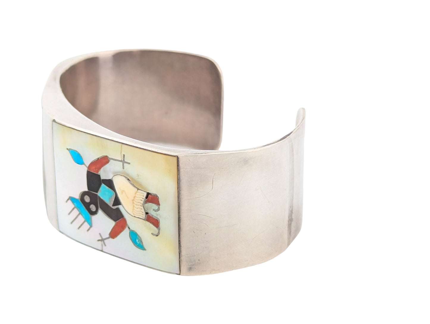 Lawman's Landing | Vintage Zuni Inlay Signed Cuff Bracelet Featuring Apache Crown Dancer by Toni Ohmsatte