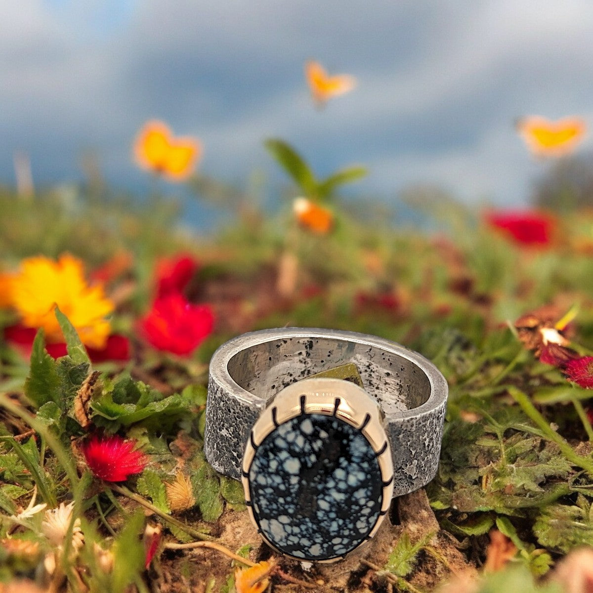 Outlaw Creek Luxury | Sterling Silver and 14k Gold Ring with New Lander Turquoise, Handcrafted by Rob Sherman. Size 8