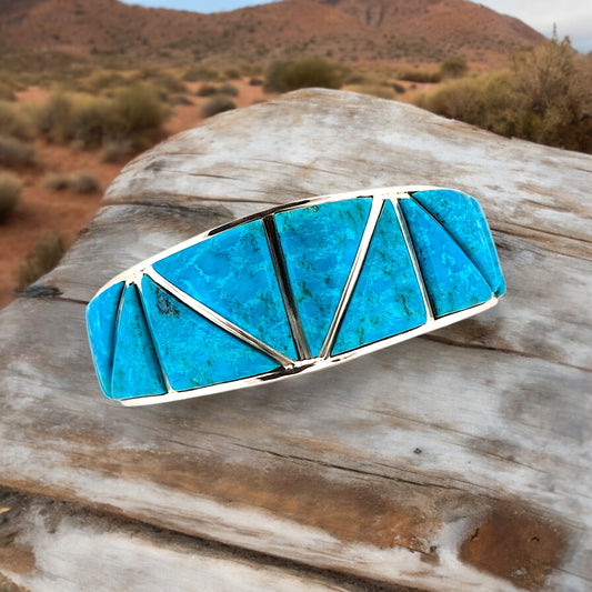 Hunter's Gulch | Sterling Silver and Turquoise Inlay Southwestern Handmade Cuff Bracelet by Rob Sherman