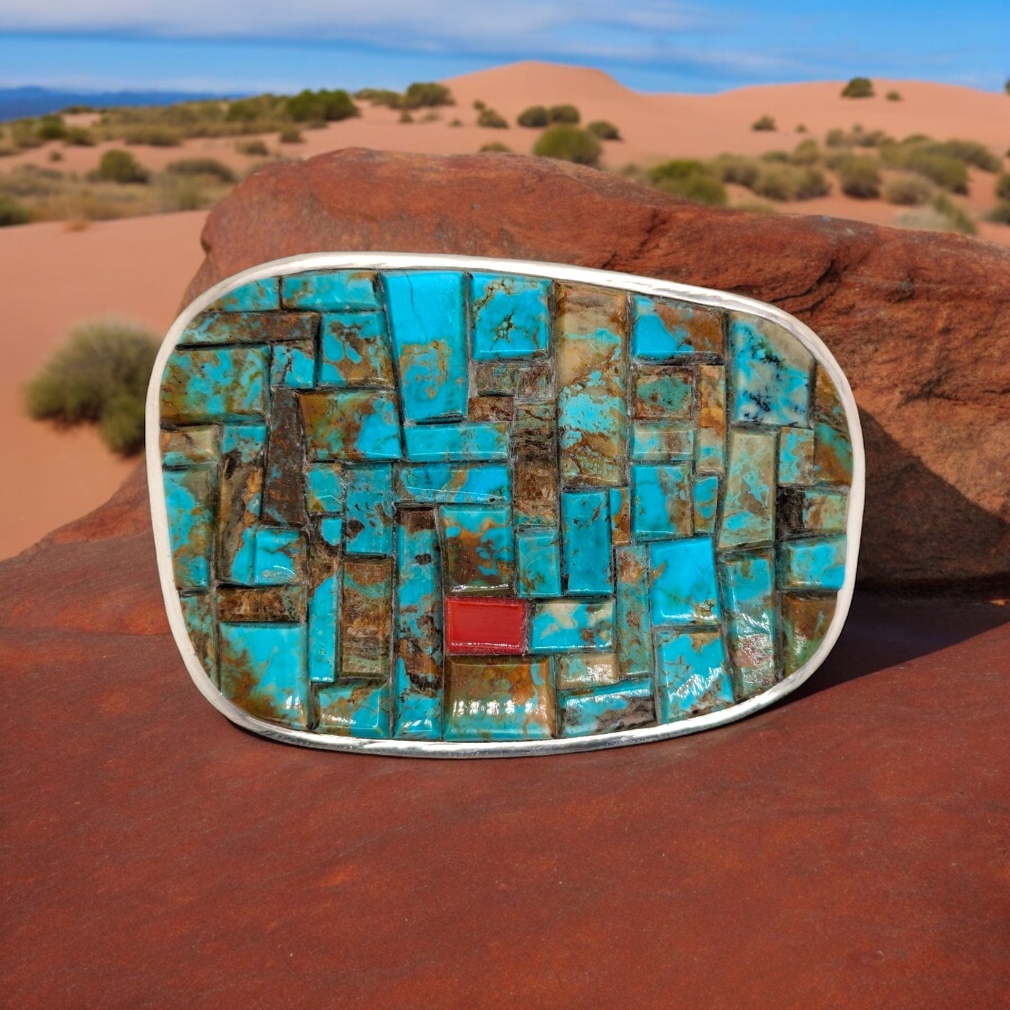 WildTooth Summit | New Sterling Silver and Turquoise Cobblestone Inlay Belt Buckle