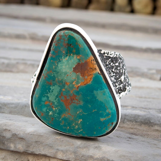 Contention Alley | Sterling Silver Tufa Cast Ring with Green Kingman Turquoise  - Size 11