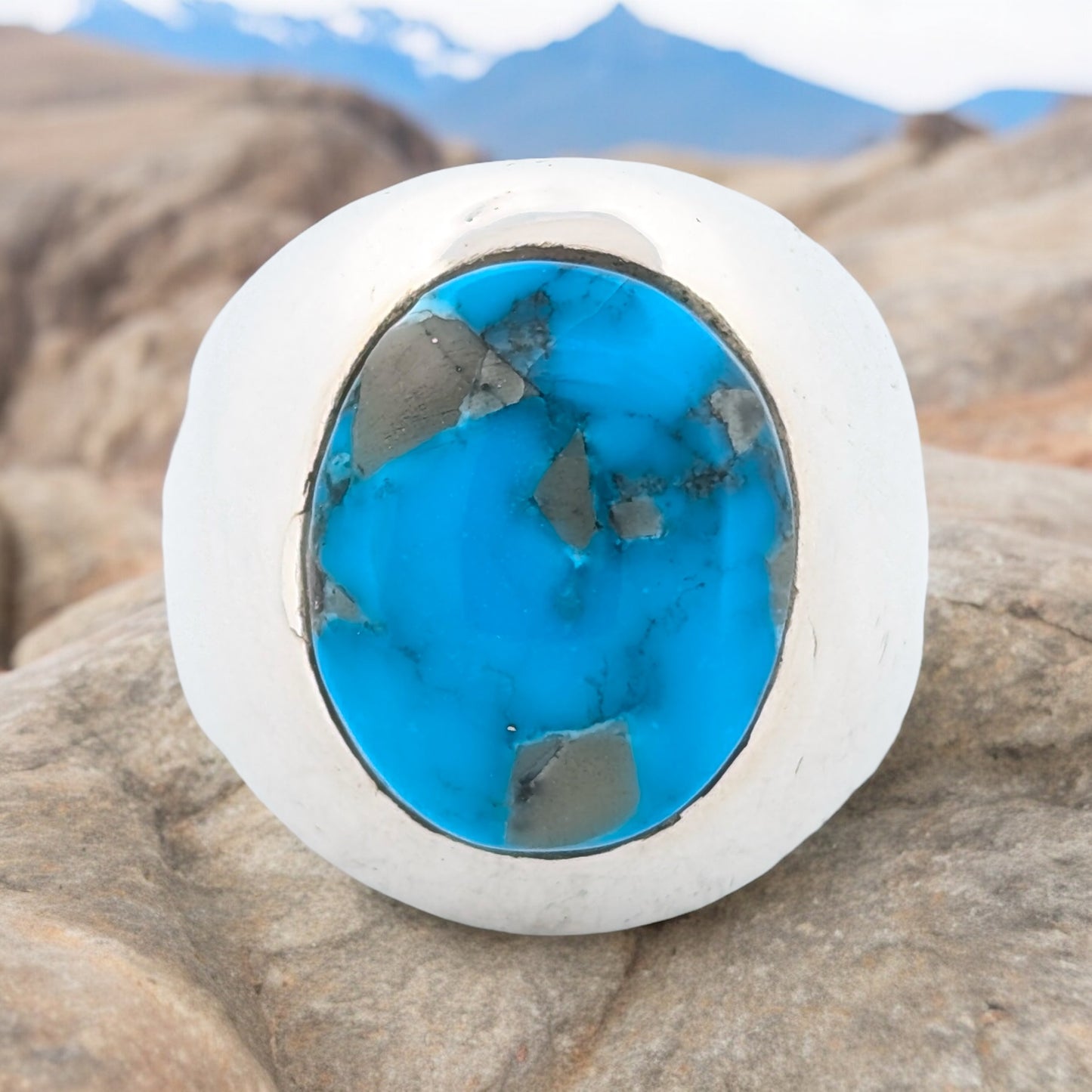 Zenith Springs | Sterling Silver Bold Signet Ring with Blue Kingman Turquoise  - Size 9