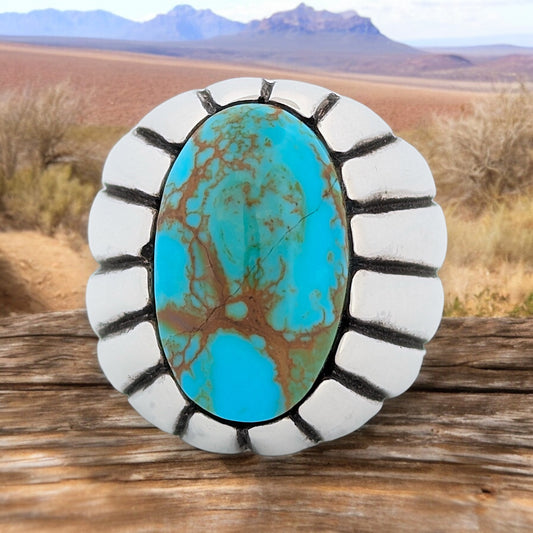 Liberty Point | Hand Carved Sterling Silver Ring with Blue Kingman Turquoise  - Size 8