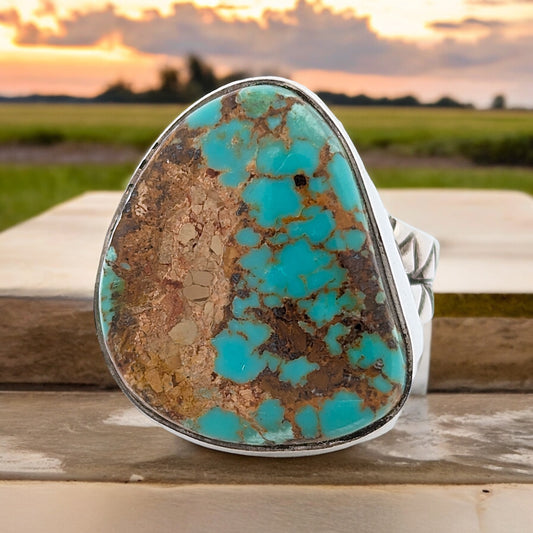 Eureka Springs | Hand Fabricated Sterling Silver Ring With Stamped Shank and Kingman Turquoise - Size 7