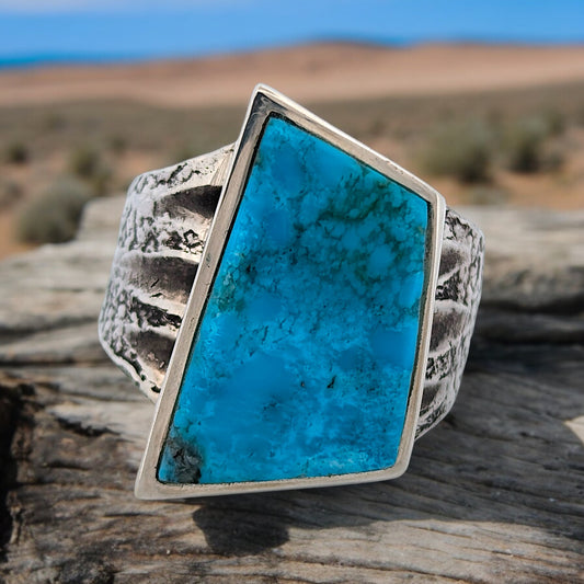 Runaway Eagle | Handmade Sterling Silver Tufa Cast Modern Ring with Asymmetrical Turquoise - Size 10