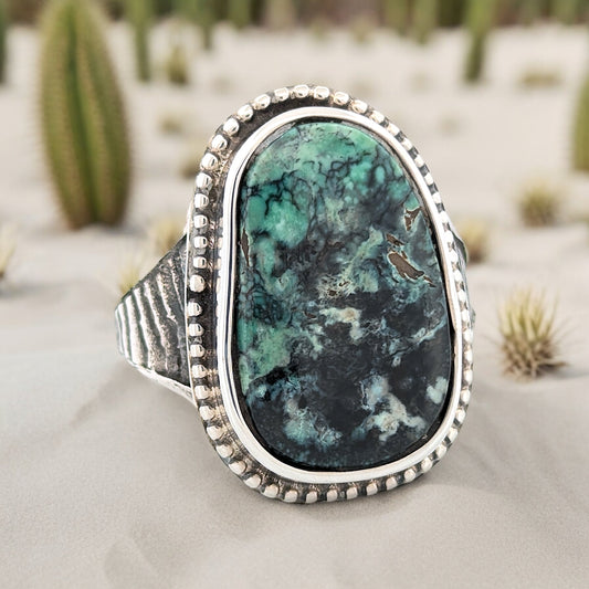 Silent Howl | Handmade Sterling Silver &  Neptune Variscite Ring with Cuttlefish Style Shank- Size 12