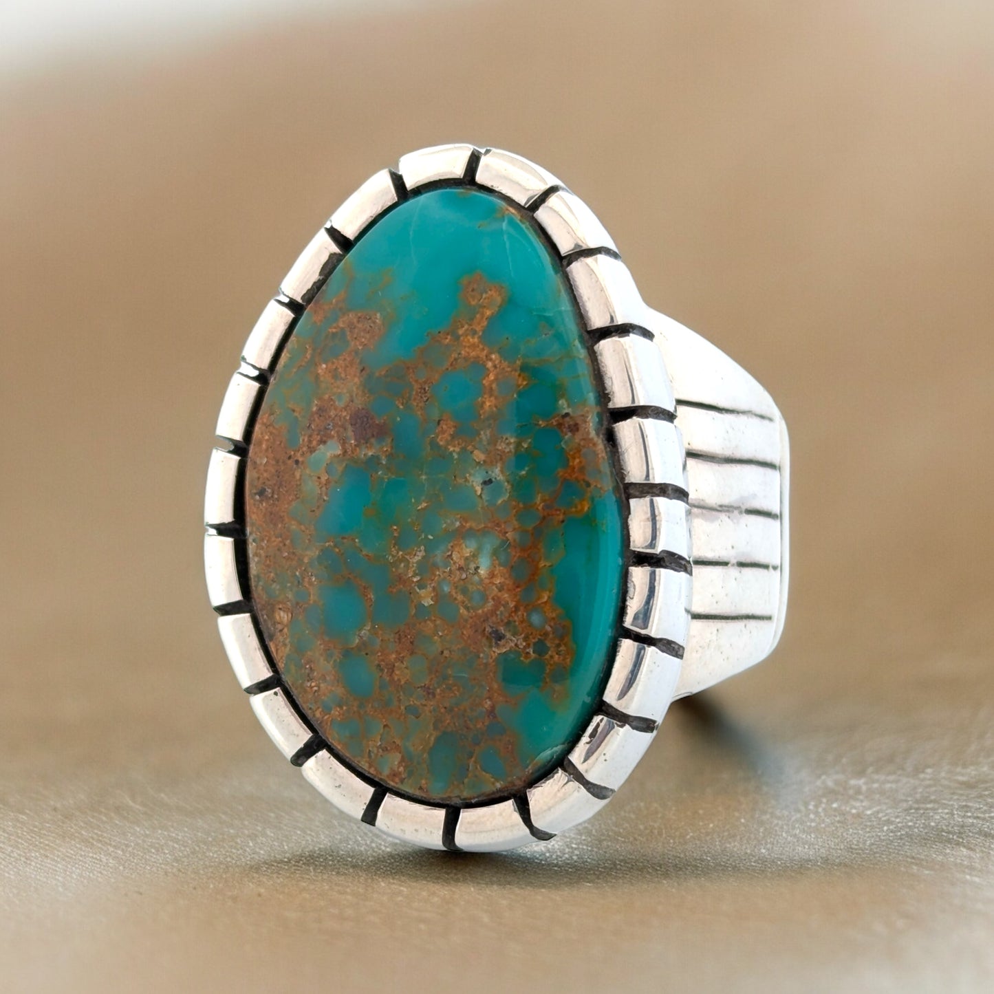 Windy Gates | Hand Fabricated Sterling Silver & Kingman Turquoise Castellated Bezel Ring - Size 12