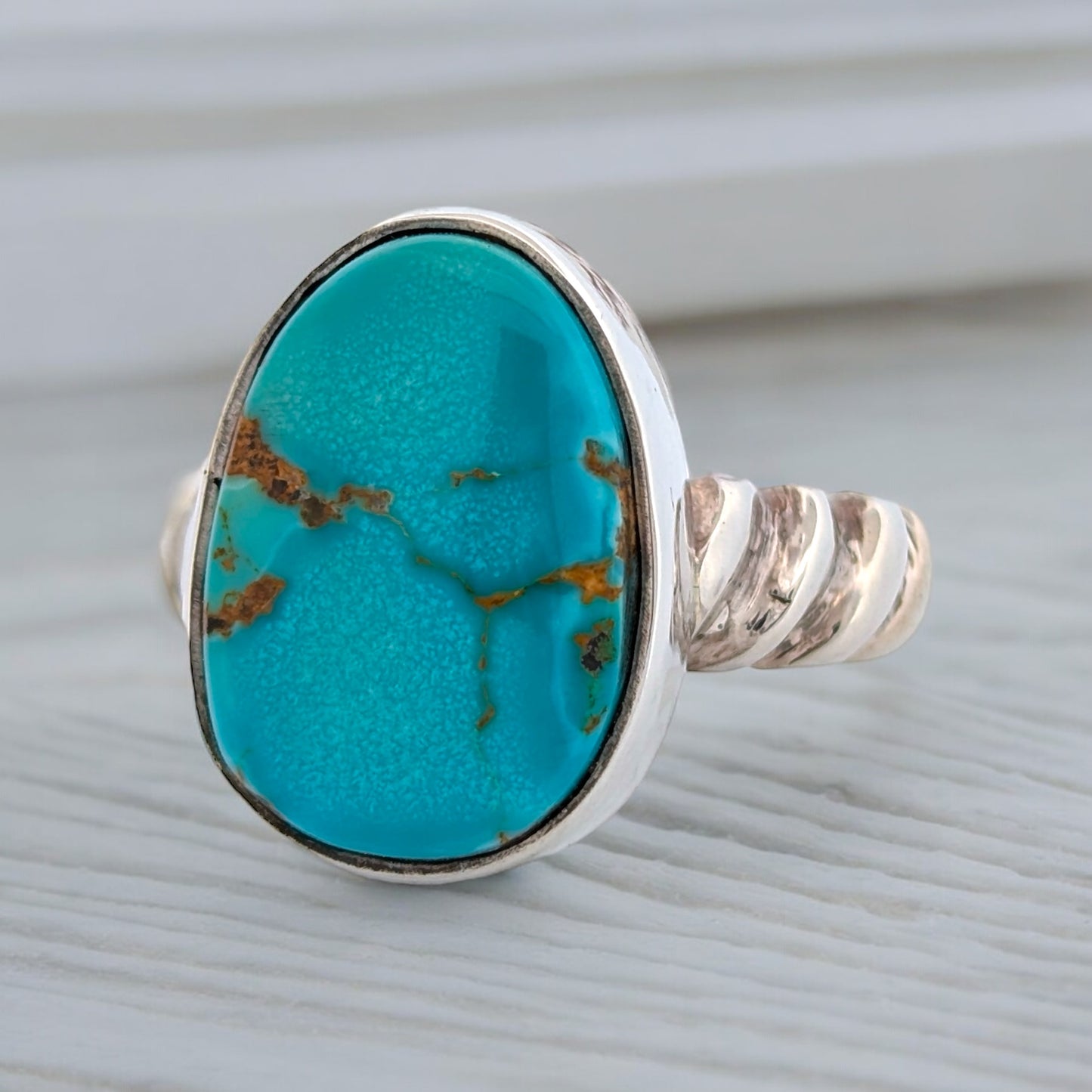 Stark Brooke | Sterling Silver & Kingman Turquoise Twisted Shank Ring - Size 8.25