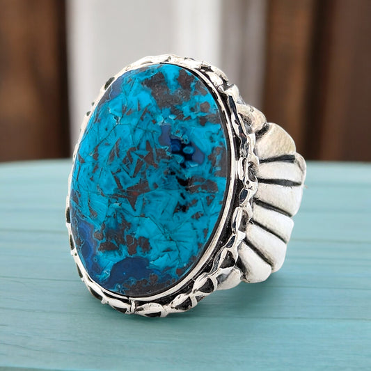 Vulture City | Hand Carved Sterling Silver Ring with Blue Bisbee Chrysocolla  - Size 10