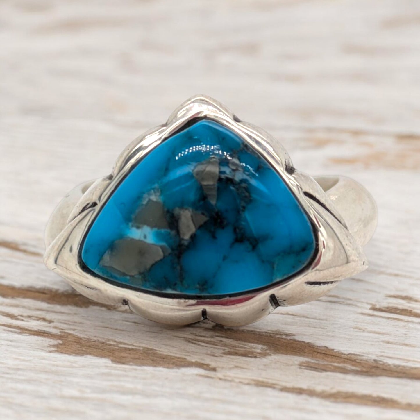 Thunder Ridge | Hand-Carved Sterling Silver and Kingman Turquoise - Size 7.5