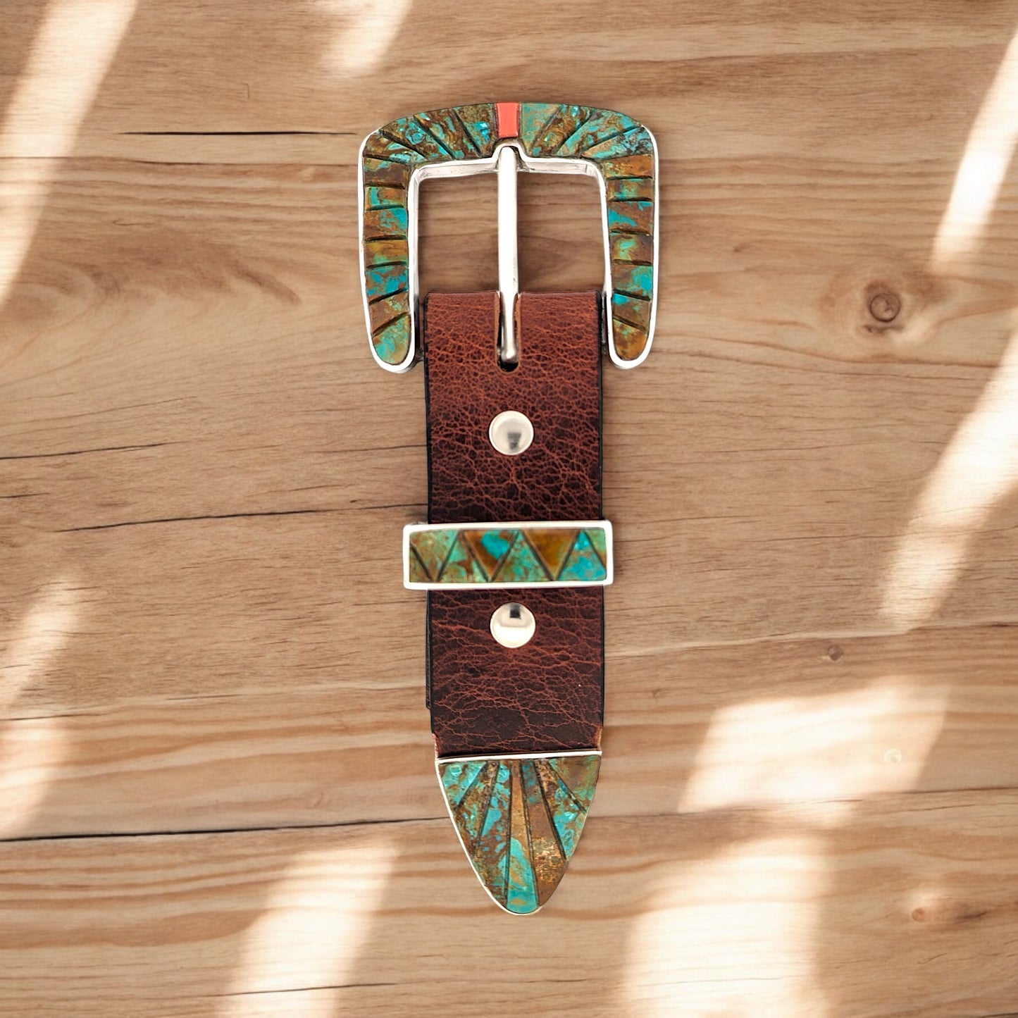 Rocky Dales | Handmade Sterling Silver Ranger Belt Buckle with Turquoise and Coral Inlay – Fits 1.5" Belt