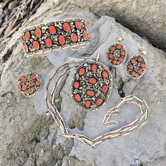 Golden Canyon | Vintage Handmade Sterling Silver and Pacific Coral Set - Necklace, Earrings, Ring, Cuff Bracelet by Nicholas and Theresa Leekela
