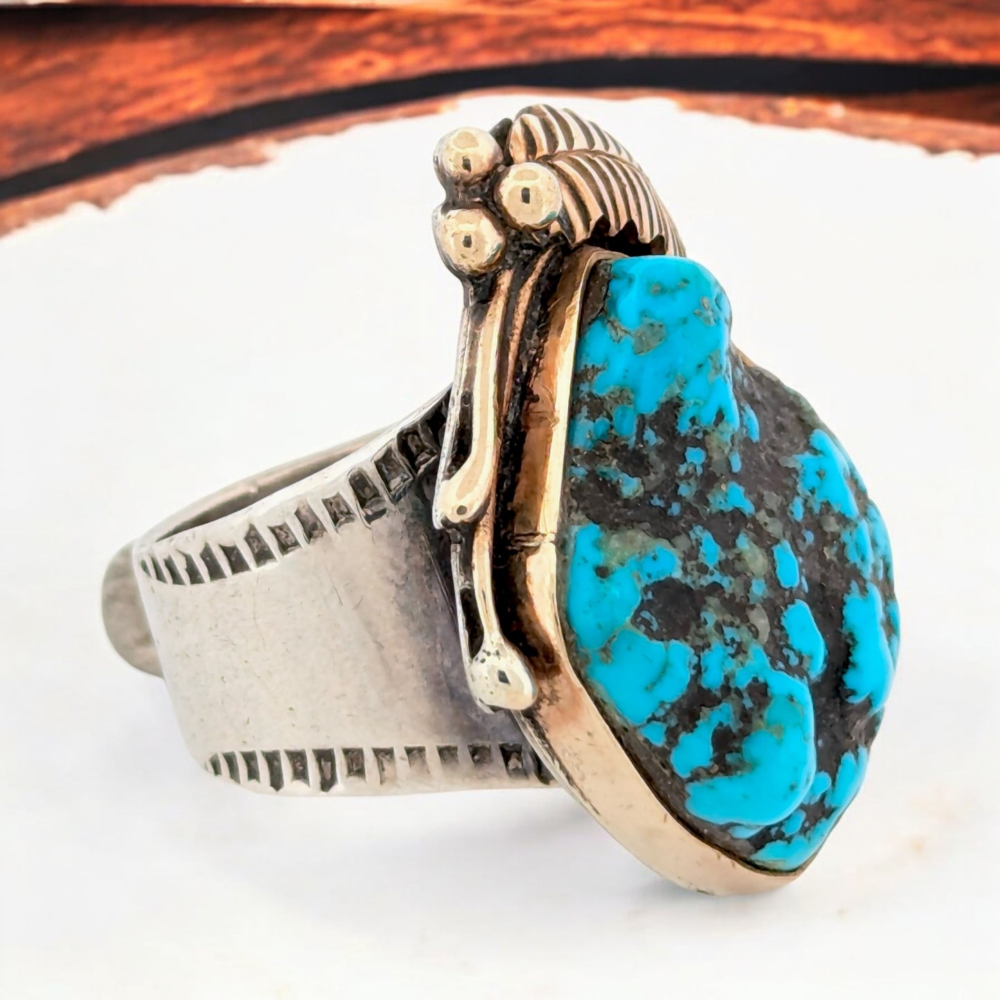 Bandit's Bend | Vintage Handmade 18k Plated Sterling Silver and Turquoise Stamped Ring - Size 10