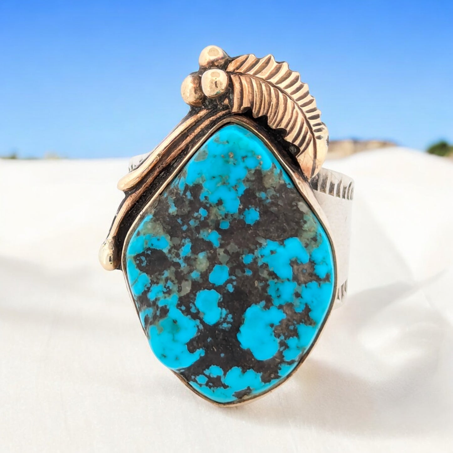 Bandit's Bend | Vintage Handmade 18k Plated Sterling Silver and Turquoise Stamped Ring - Size 10