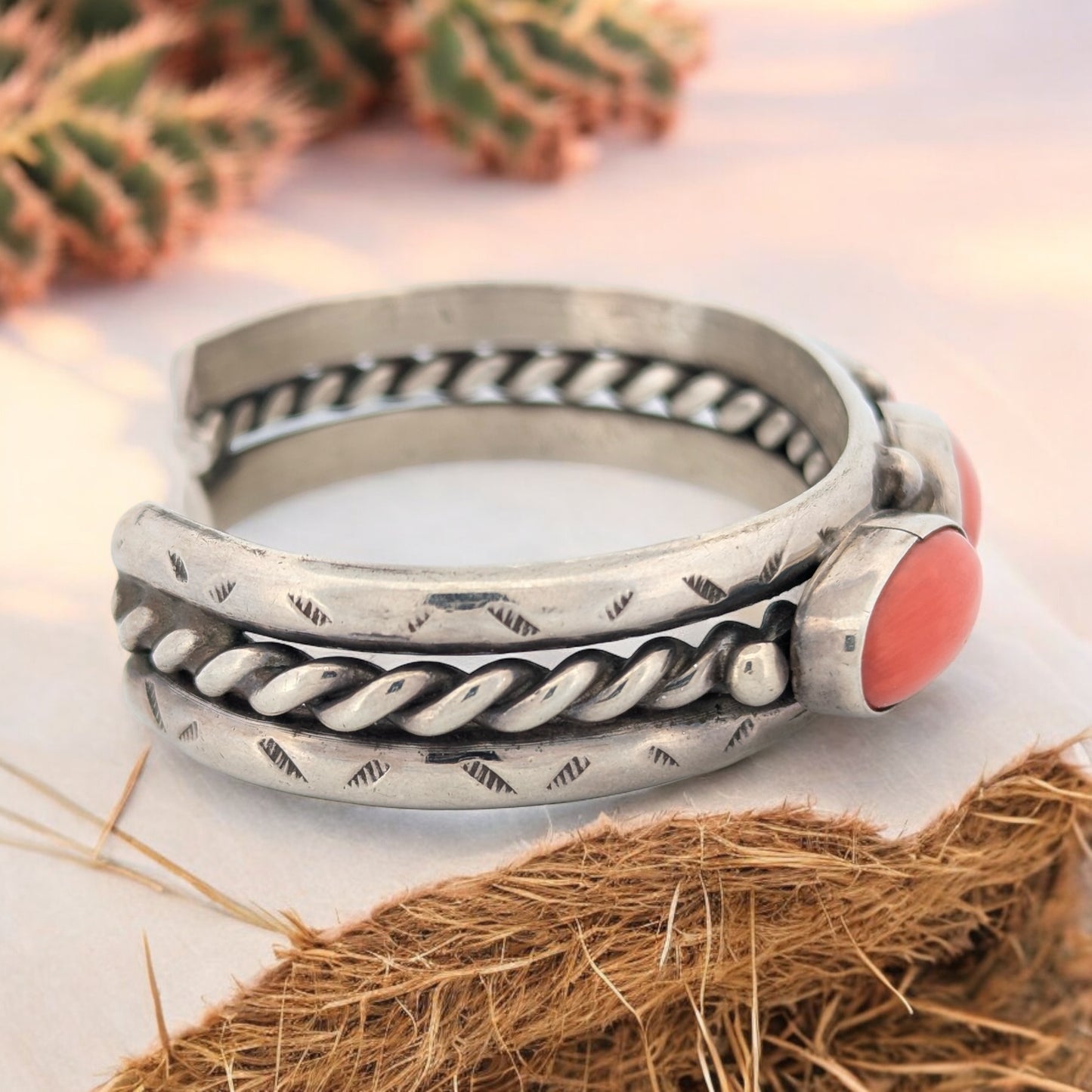 Cowboy's Crossing | Vintage Navajo Sterling Silver Three Stone Deep-Red Coral Cuff Bracelet